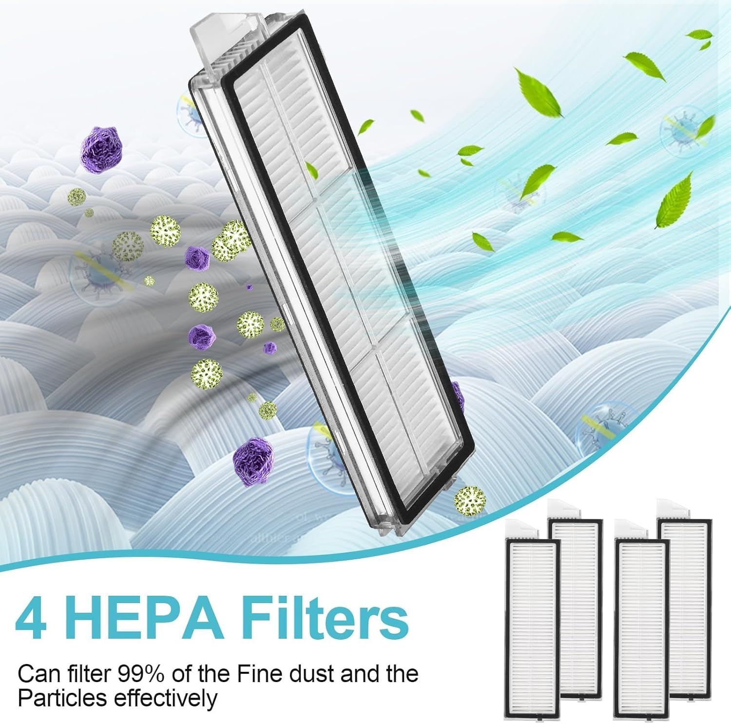L'immagine mostra un filtro HEPA con foglie e particelle di polvere. Il testo dice: '4 filtri HEPA, possono filtrare il 99% della polvere sottile...'