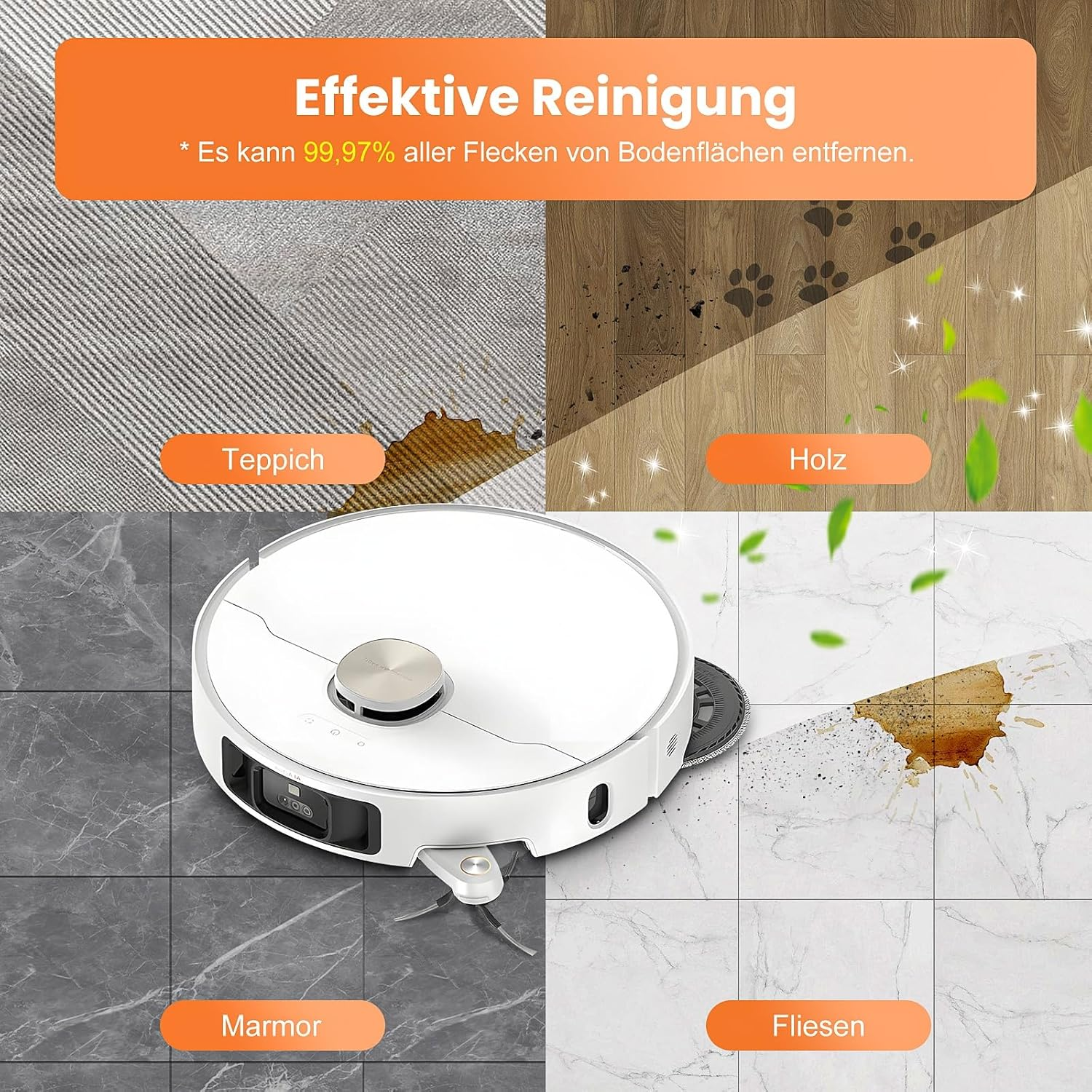 Ein weißer Roboterstaubsauger auf verschiedenen Oberflächen: Teppich, Holz, Marmor und Fliesen. Text: 99,97% Fleckenentfernung.