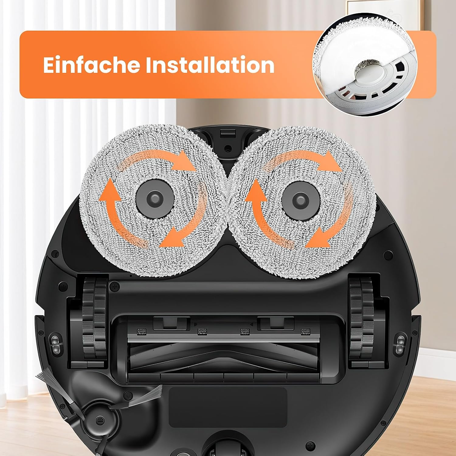 Roboter-Staubsaugerbasis mit zwei runden Reinigungspads und einem orangefarbenen Pfeil. Oben steht 'Einfache Installation'.