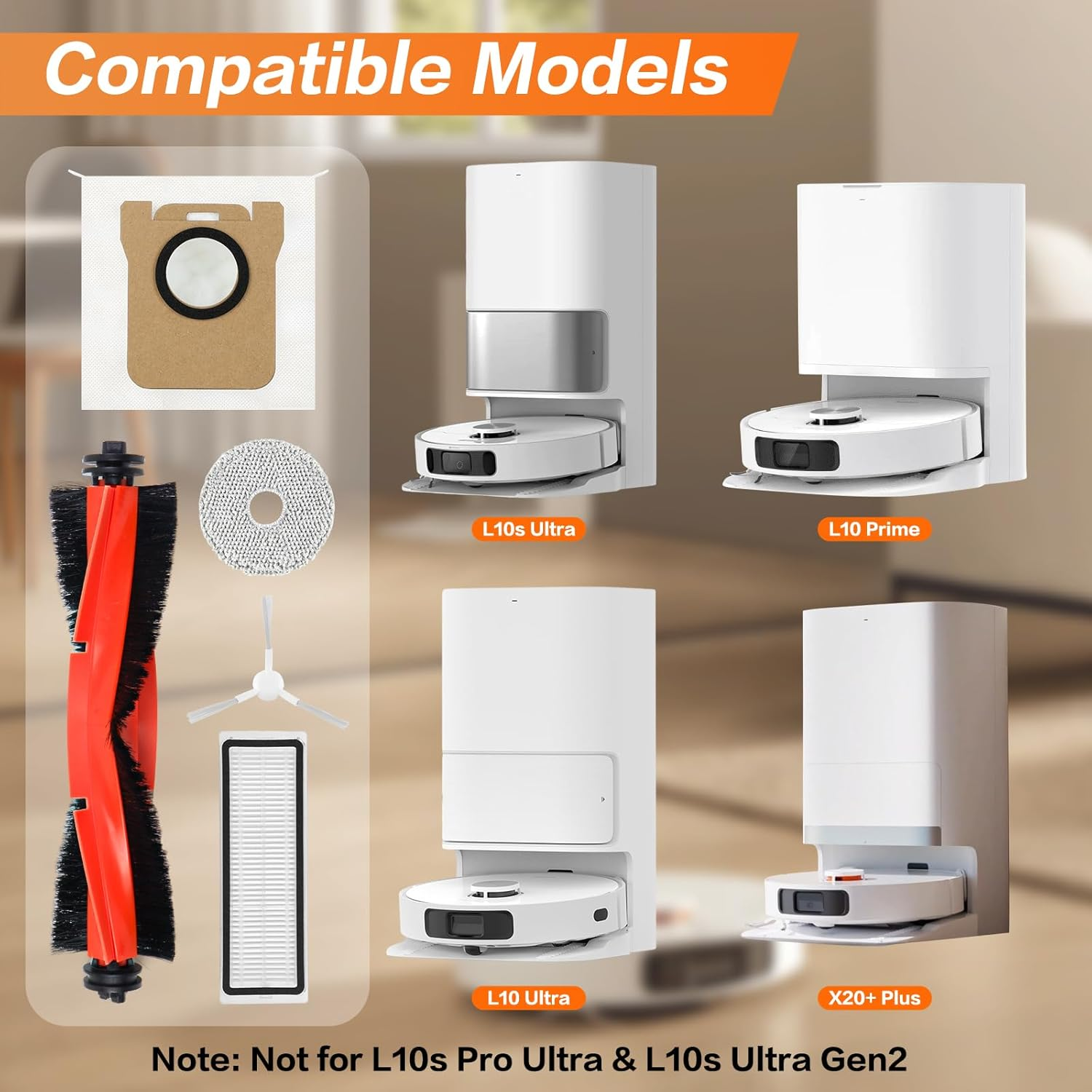 L'immagine mostra parti di robot aspirapolvere e modelli compatibili: L10s Ultra, L10 Prime, L10 Ultra e X20+ Plus. Nota: Non per L10s Pro Ultra & L10s Ultra Gen2.