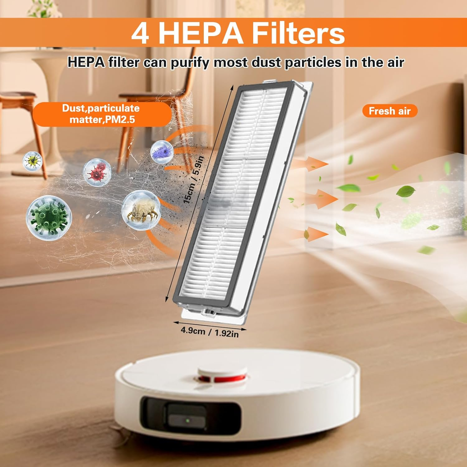 Un filtro HEPA con un aspirapolvere robot. Il filtro rimuove polvere e PM2,5. L'aria fresca è rappresentata da foglie verdi.