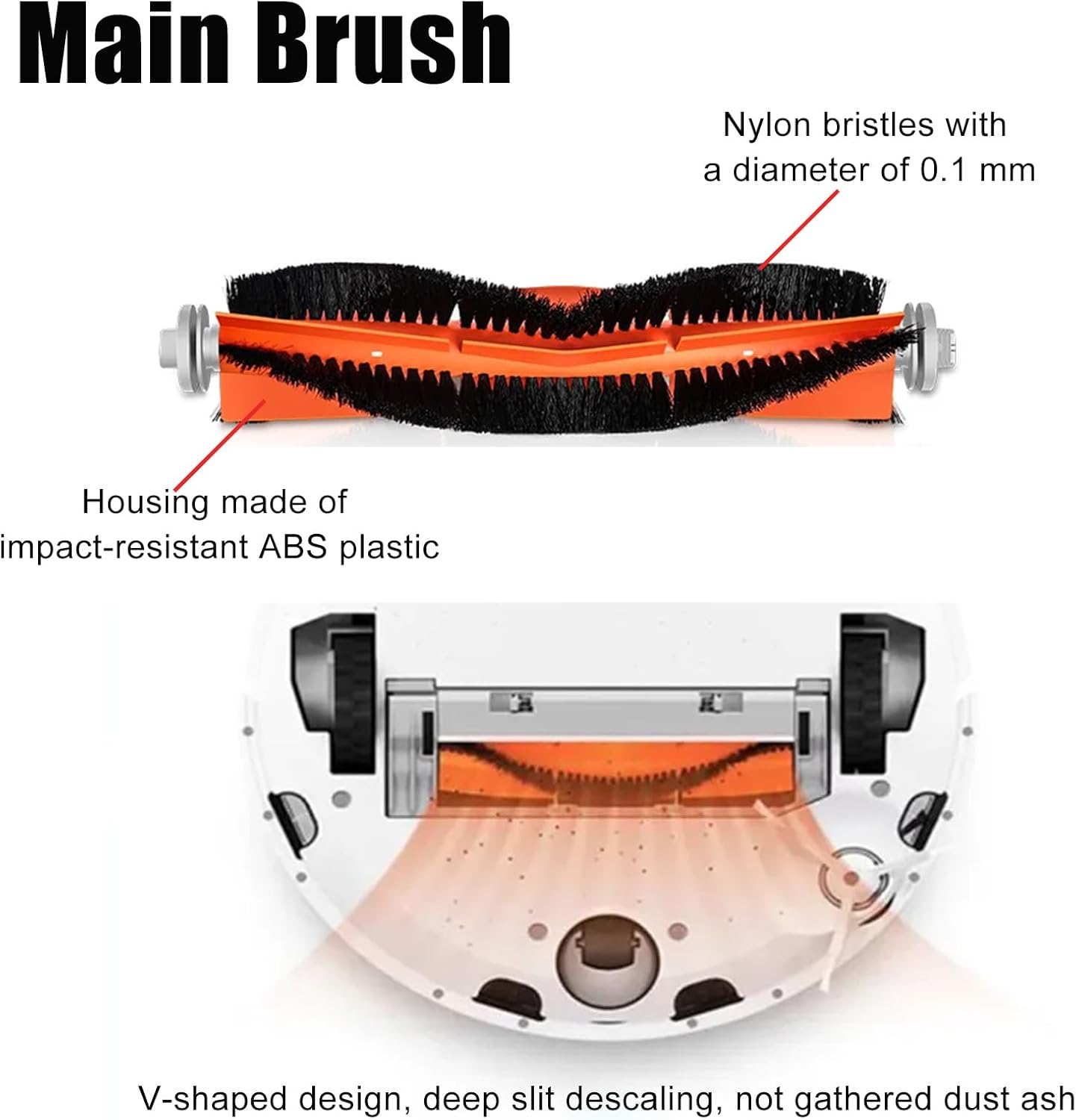 Immagine di una spazzola principale per aspirapolvere, con setole nere e alloggiamento arancione. Il testo evidenzia caratteristiche come plastica ABS e setole in nylon.