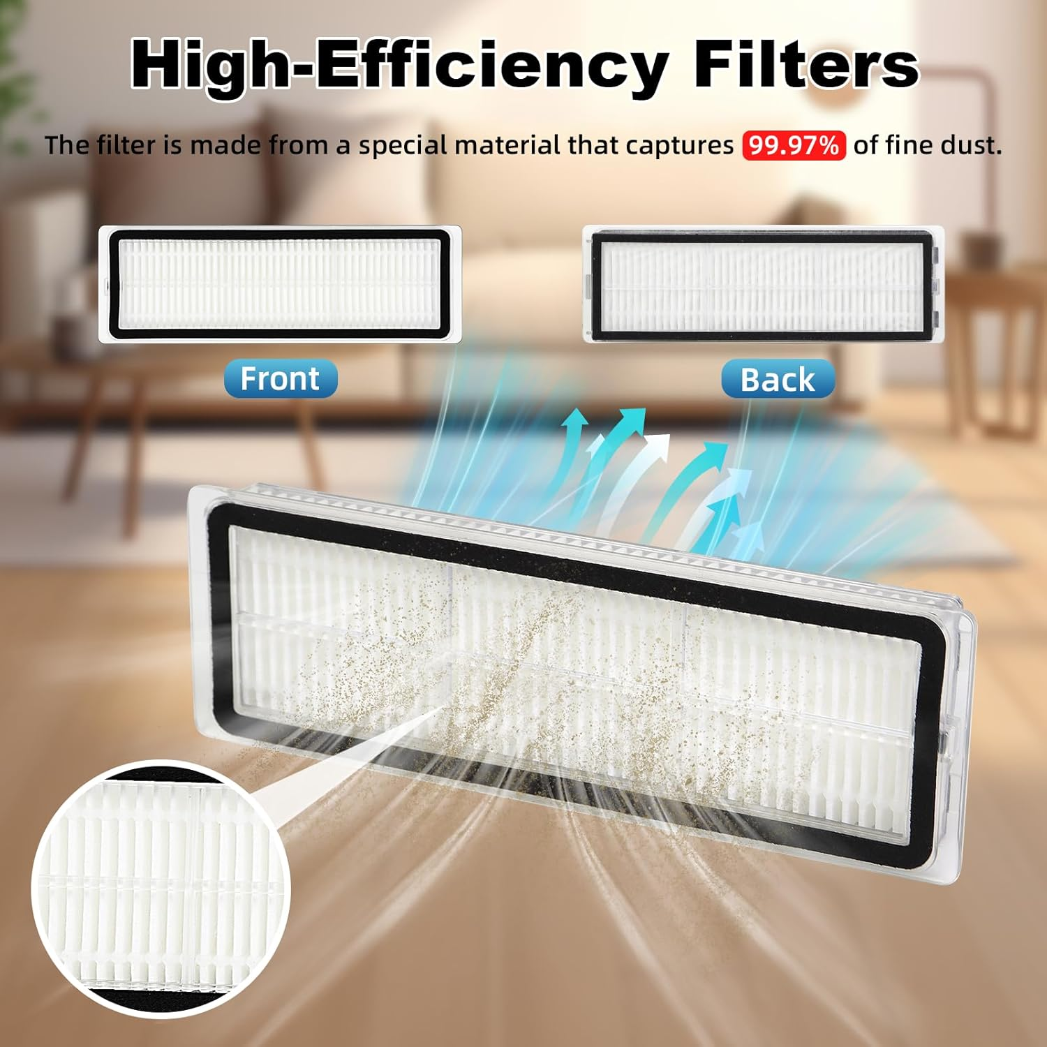 Un filtro dell'aria mostra le viste 'Anteriore' e 'Posteriore'. L'anteriore è pulito, il posteriore ha polvere. Testo: Filtri ad alta efficienza.