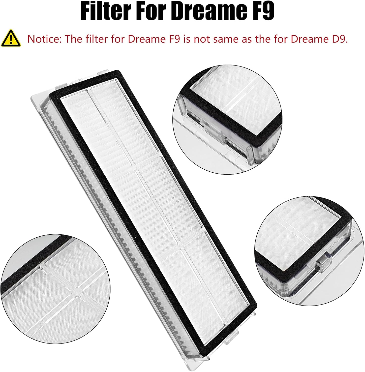 L'immagine mostra un filtro per l'aspirapolvere Dreame F9. Include primi piani del filtro e un avviso di compatibilità.