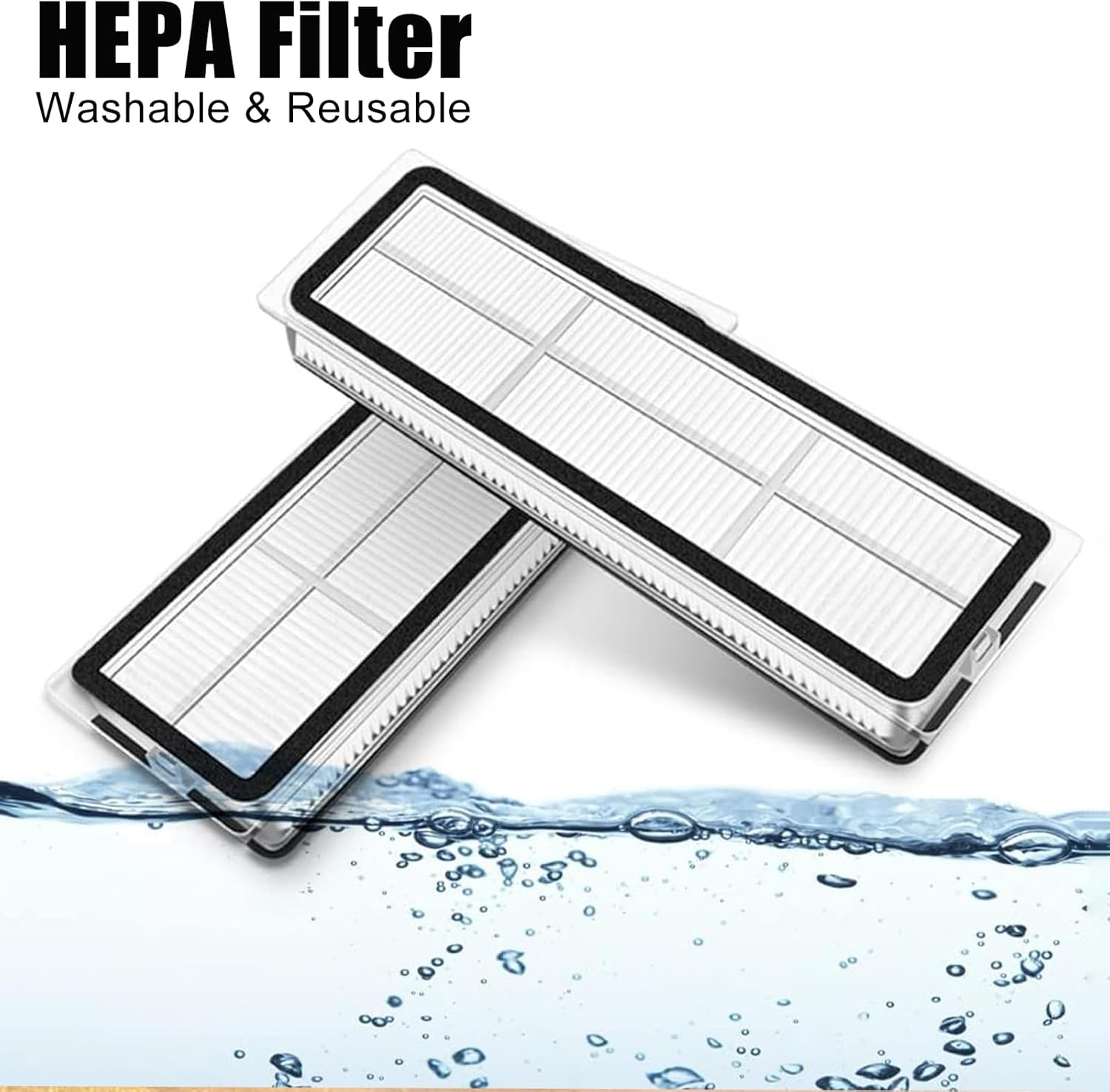 Due filtri HEPA rettangolari, bianchi con cornici nere, sono in acqua, con bolle. Il testo in alto recita 'Filtro HEPA Lavabile e riutilizzabile'.