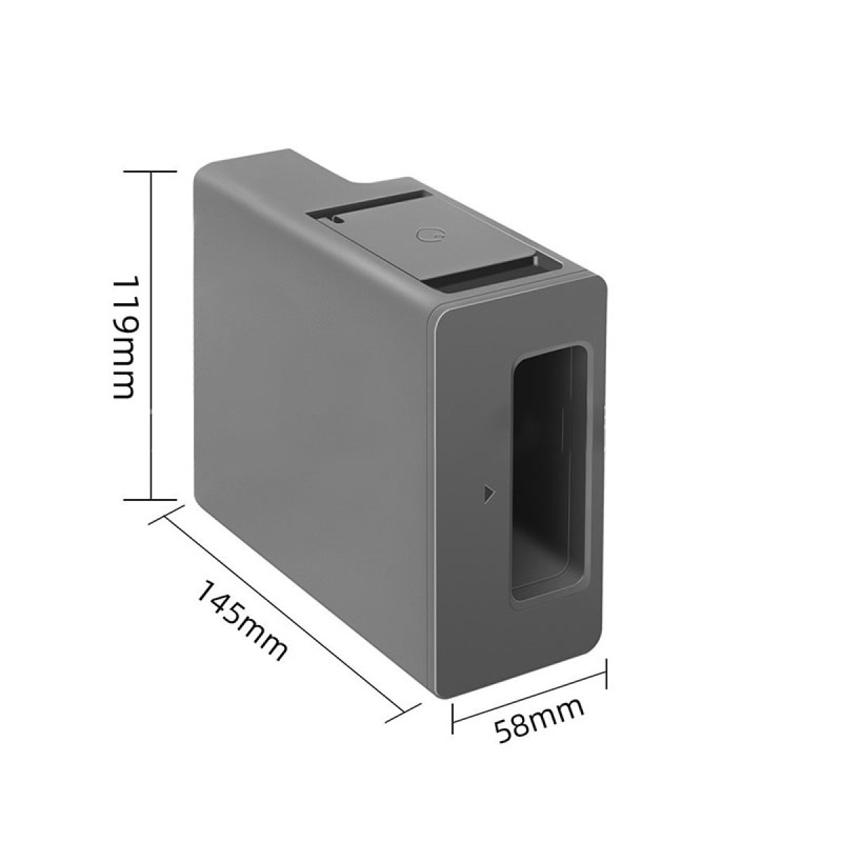Dispositivo rettangolare grigio con dimensioni etichettate. Ha un'apertura rettangolare e un piccolo scomparto in alto.
