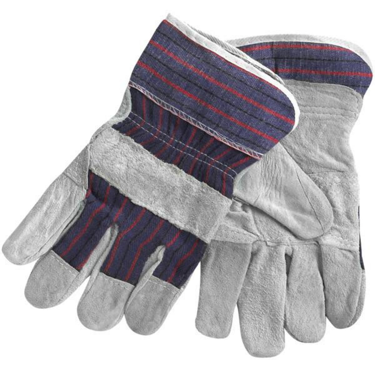 Para rękawic roboczych. Rękawice są ze szarej skóry z granatowymi i czerwonymi paskami na mankietach.