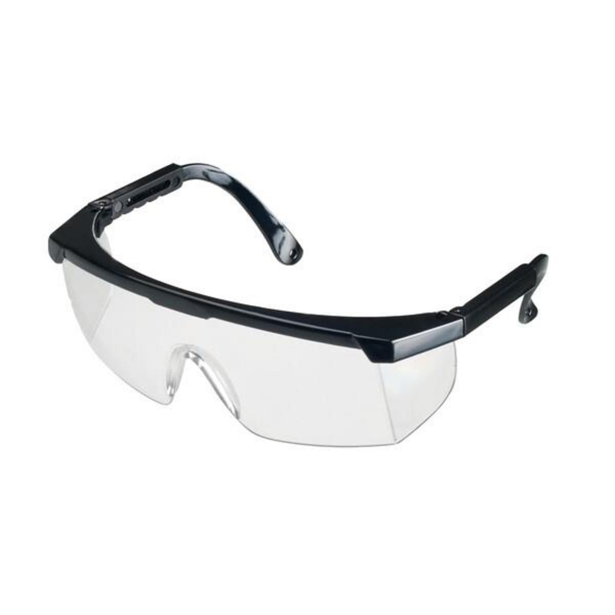 Okulary ochronne z przezroczystymi soczewkami i czarnymi oprawkami. Przeznaczone do ochrony oczu.