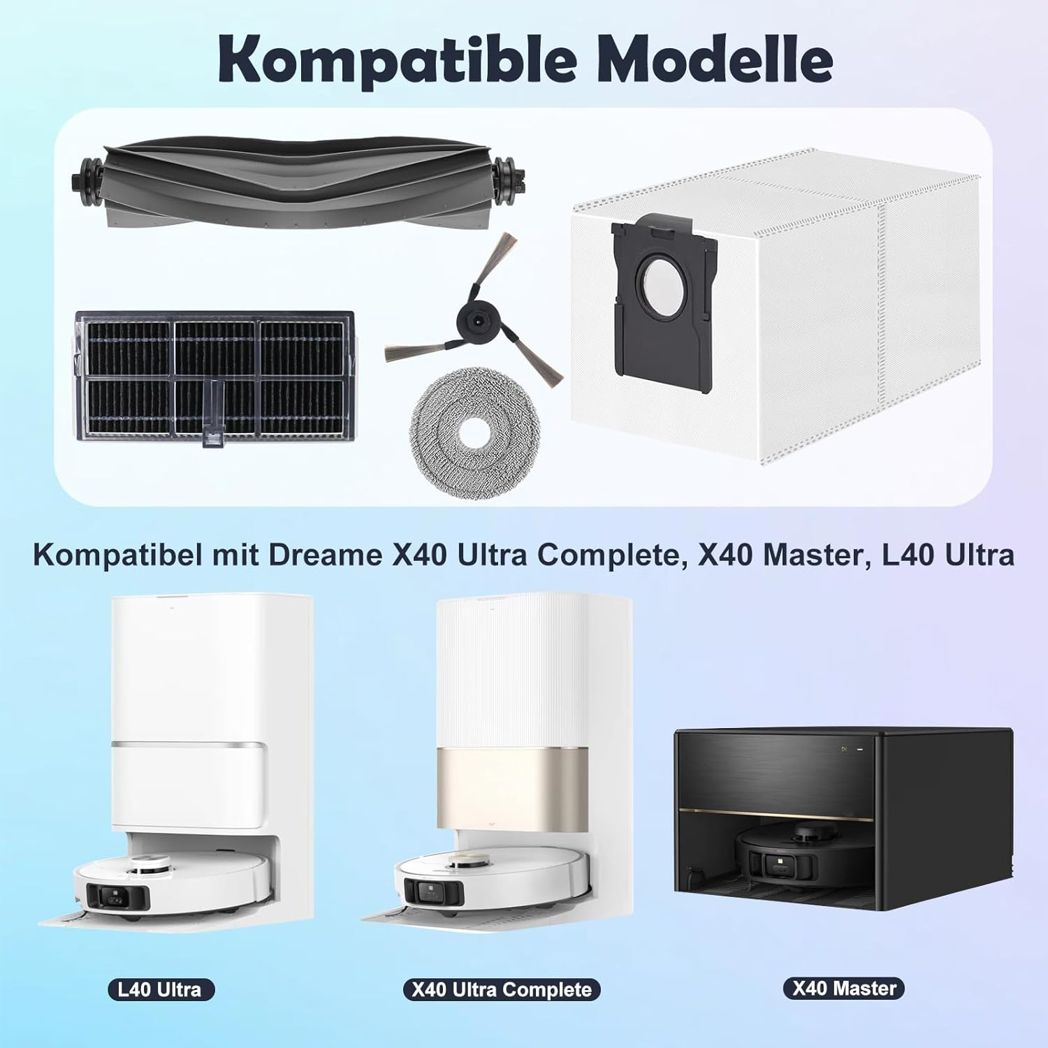 Afbeelding toont stofzuigeronderdelen en drie robotstofzuigers. Tekst geeft compatibiliteit aan met Dreame X40 Ultra, Master en L40 Ultra modellen.