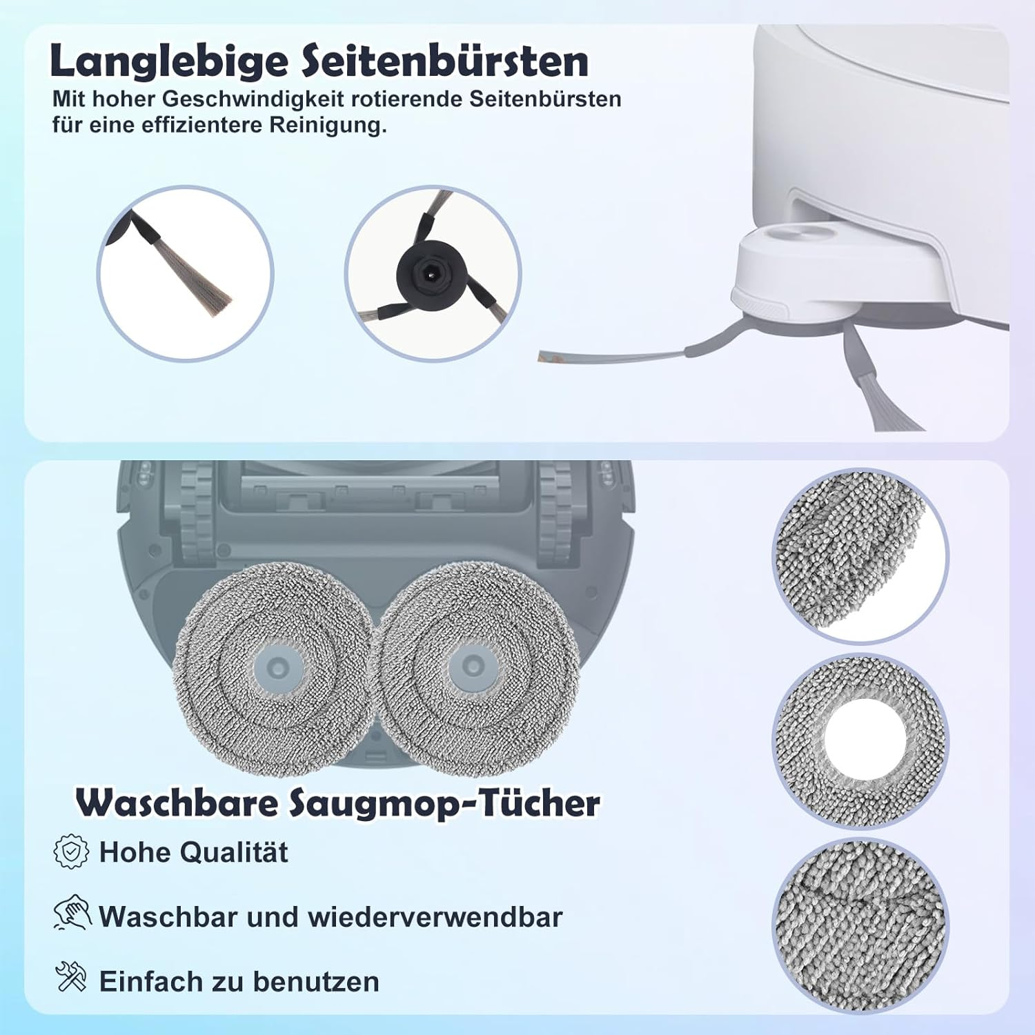 Afbeelding toont stofzuigeronderdelen: zijborstels, dweildoeken. Tekst benadrukt functies zoals hoge snelheid, wasbare en herbruikbare componenten.