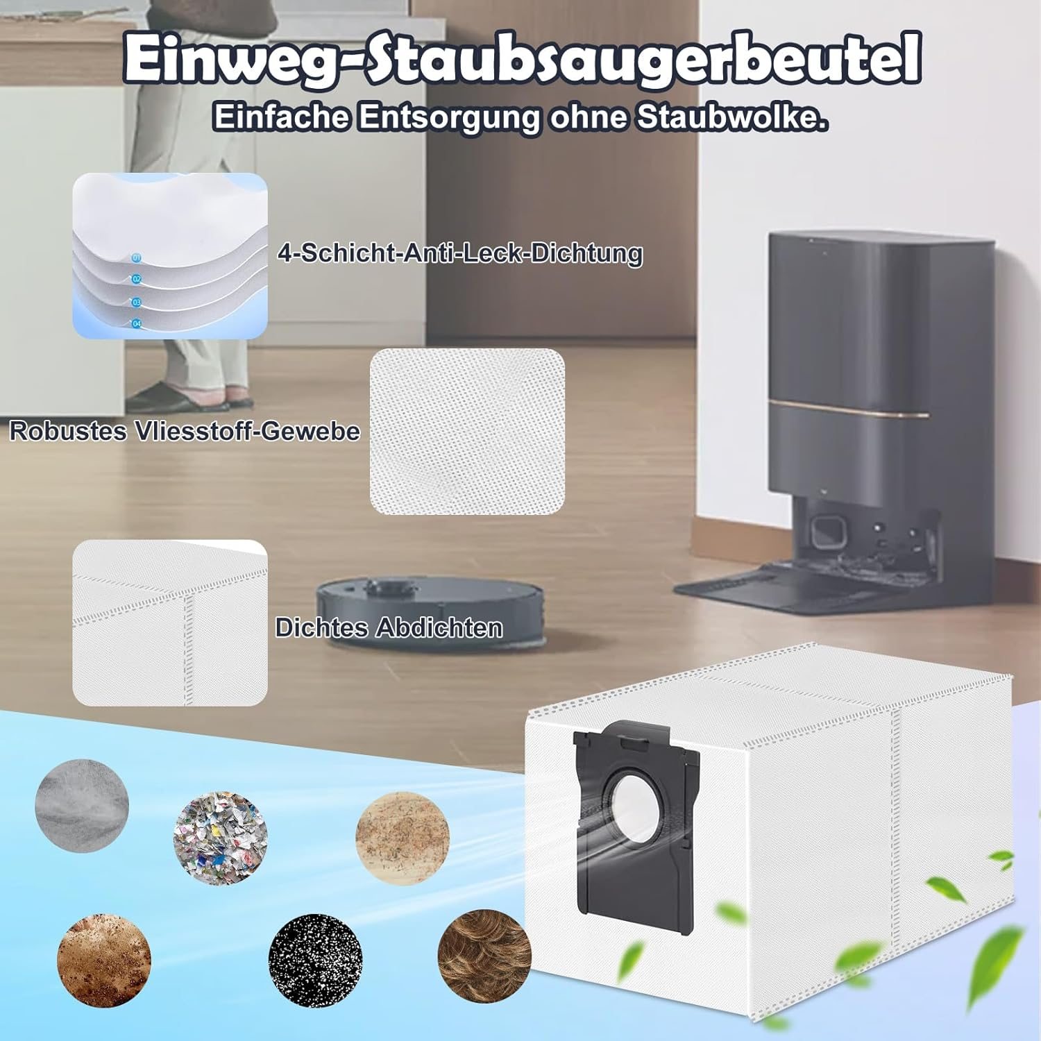 Stofzuigerzak met filter, toont lagen, close-up van vuilmonsters, robotstofzuiger en oplaadstation.