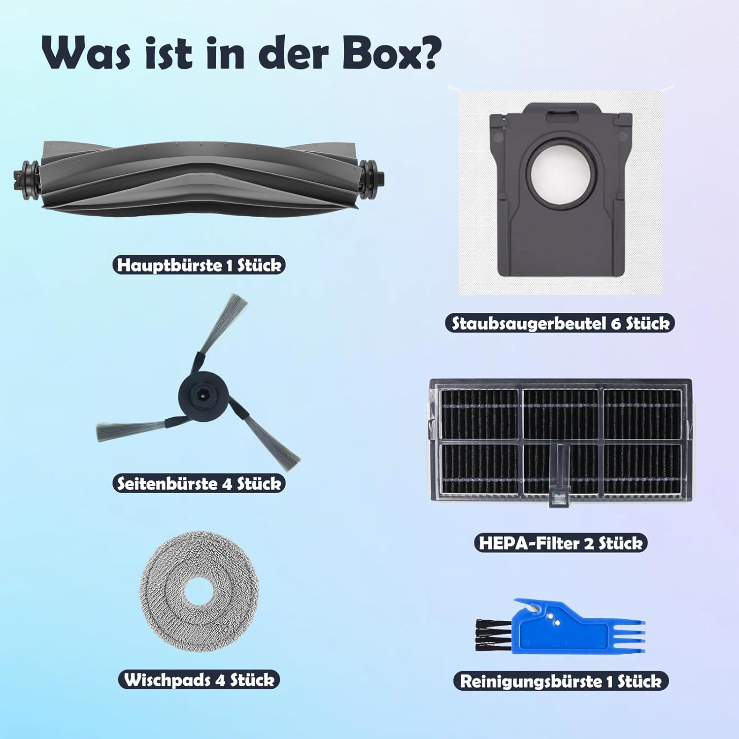 Verschillende stofzuigeronderdelen worden getoond, waaronder een hoofdborstel, zijborstels, een HEPA-filter, een reinigingsborstel en een stofzak.