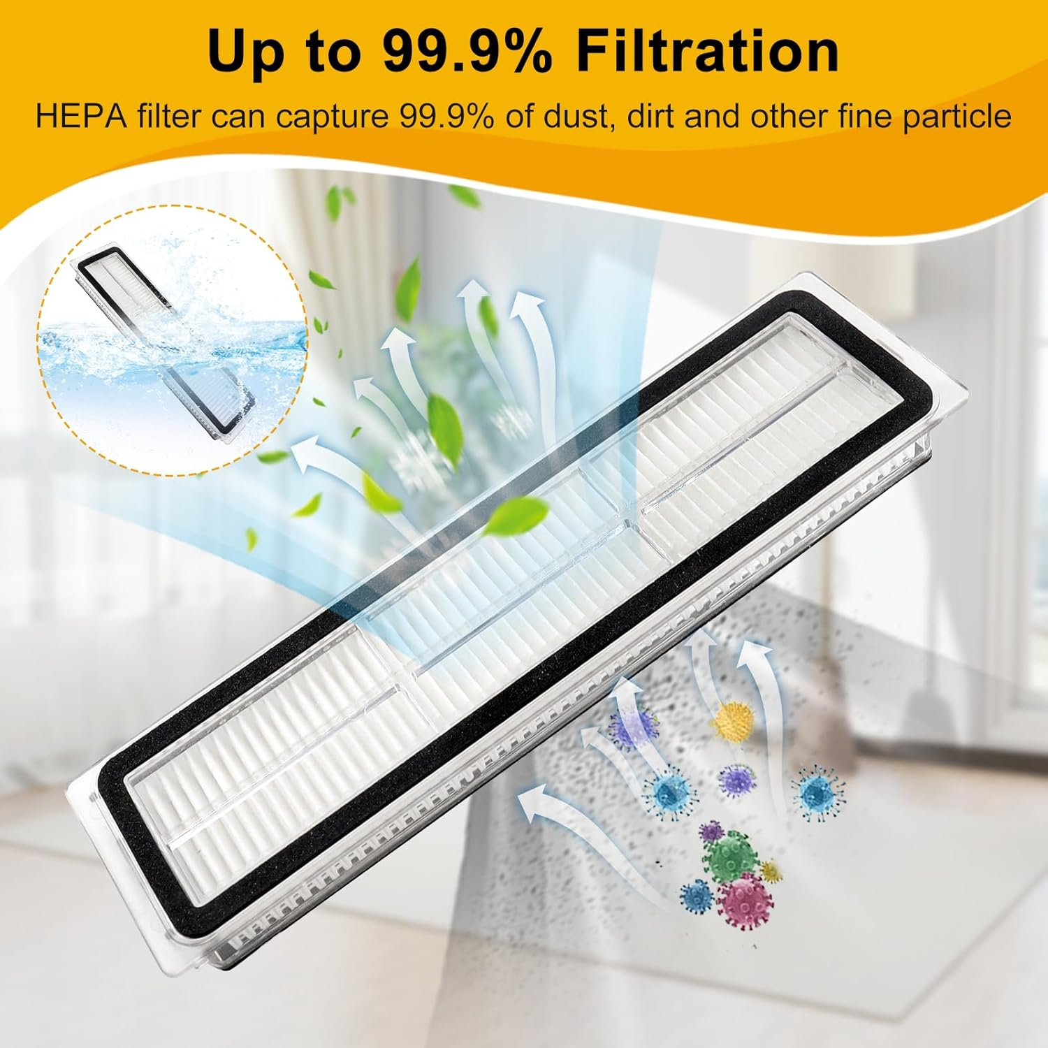 HEPA-Filter mit Text. Der Text lautet: Bis zu 99,9 % Filtration. HEPA-Filter können 99,9 % Staub, Schmutz und andere feine Partikel erfassen.