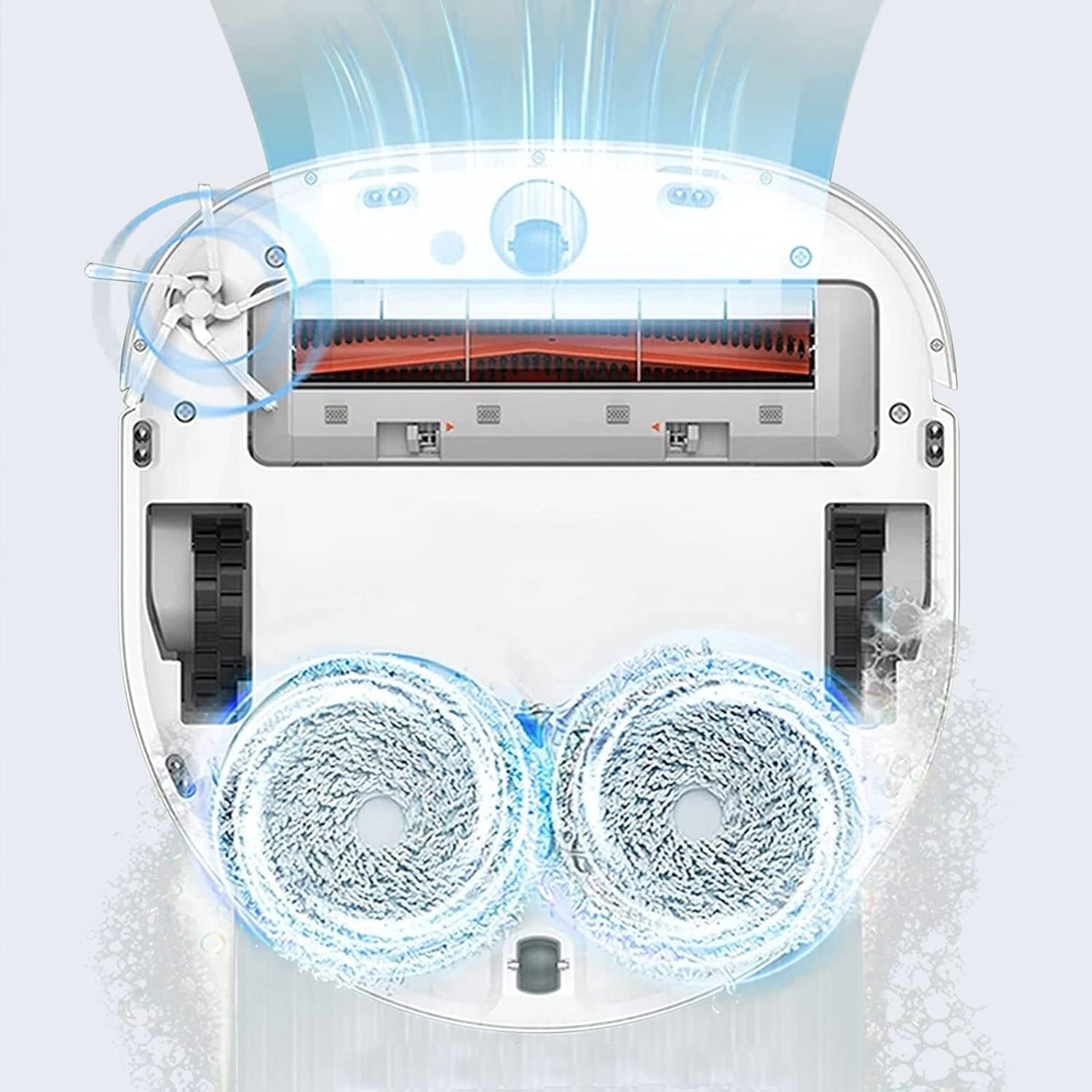 Ein weißer Roboterstaubsauger mit orangefarbener Bürste, zwei rotierenden Wischmopps und einem Ventilator. Blauer Wassereffekt wird gezeigt.