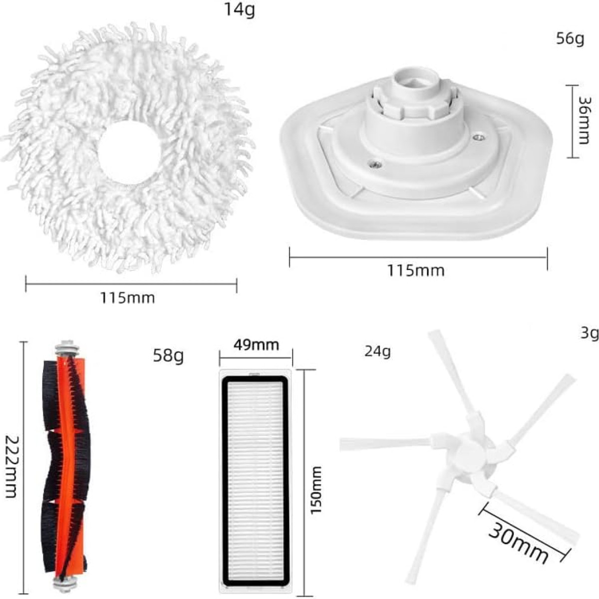 Das Bild zeigt Roboter-Staubsaugerteile: ein weißes Mopp-Pad, eine weiße Basis, eine schwarz-orange Bürste, ein Filter und eine weiße Bürste mit Armen.