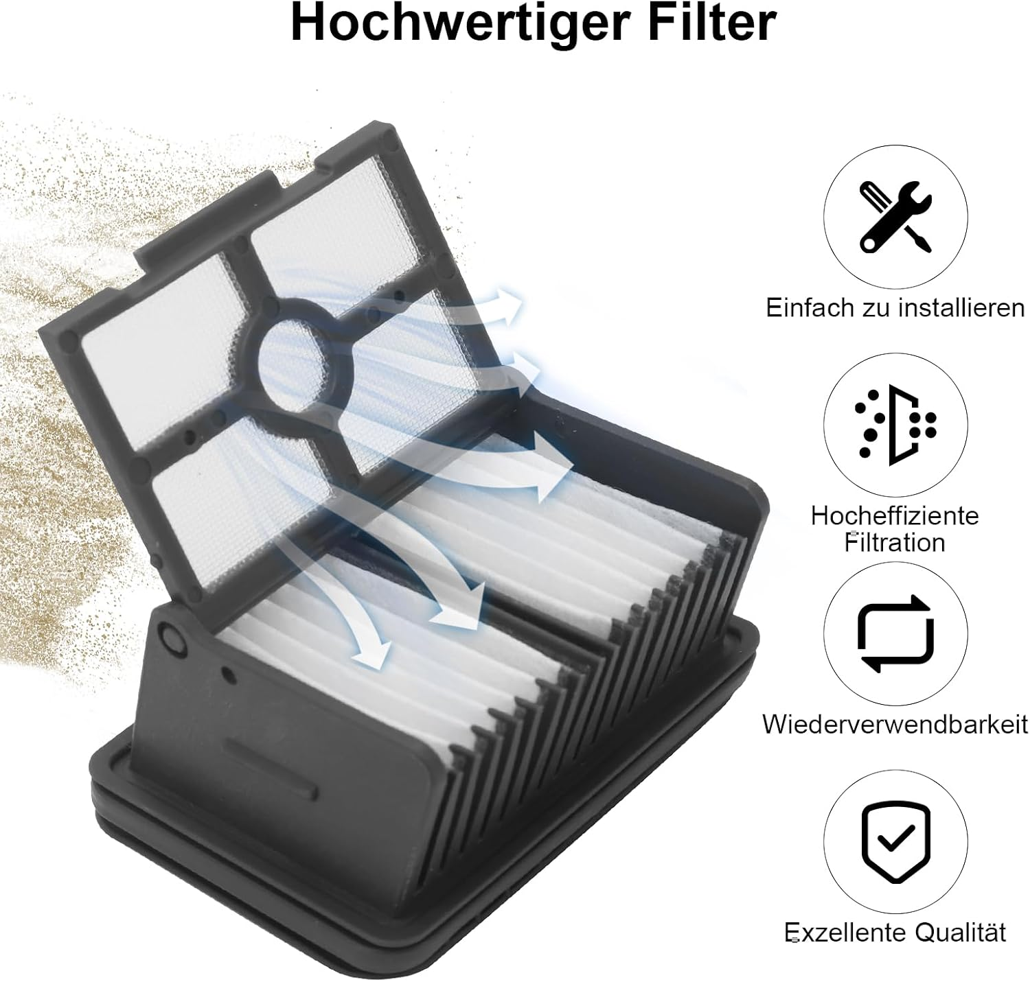 Un filtro dell'aria bianco e nero con frecce bianche che mostrano il flusso d'aria. Le icone indicano facilità di installazione, filtrazione efficiente, riutilizzabilità e qualità.