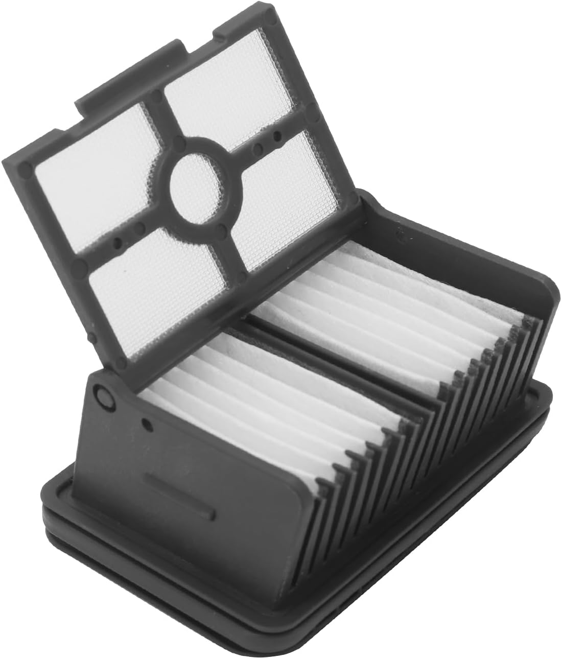 Filtro per aspirapolvere in bianco e nero. Ha un coperchio incernierato con uno schermo a rete, che rivela carta filtro bianca piegata all'interno.
