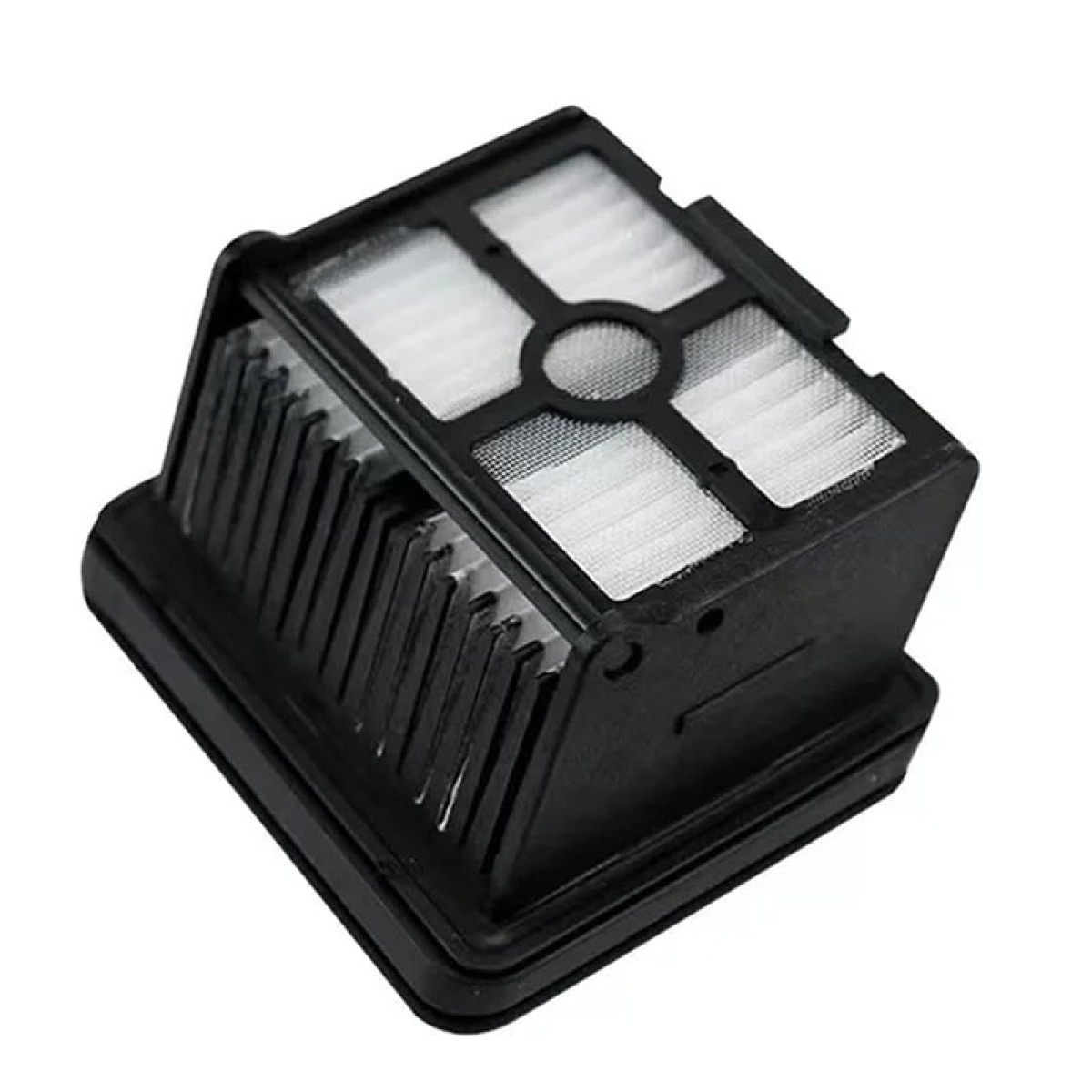 Ein schwarzer Staubsaugerfilter. Es hat eine rechteckige Form mit einem weißen Filter im Inneren und befindet sich auf weißem Hintergrund.