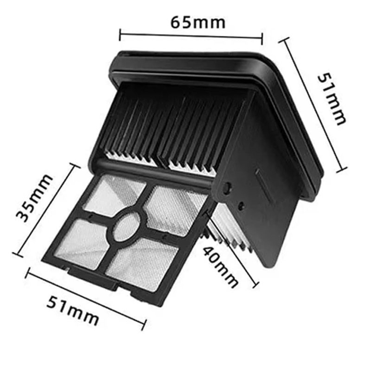 Schwarzer Filter mit beschrifteten Abmessungen. Er zeigt ein Maschensieb und eine Reihe schwarzer Lamellen. Die Abmessungen sind: 65 mm, 51 mm, 35 mm und 40 mm.