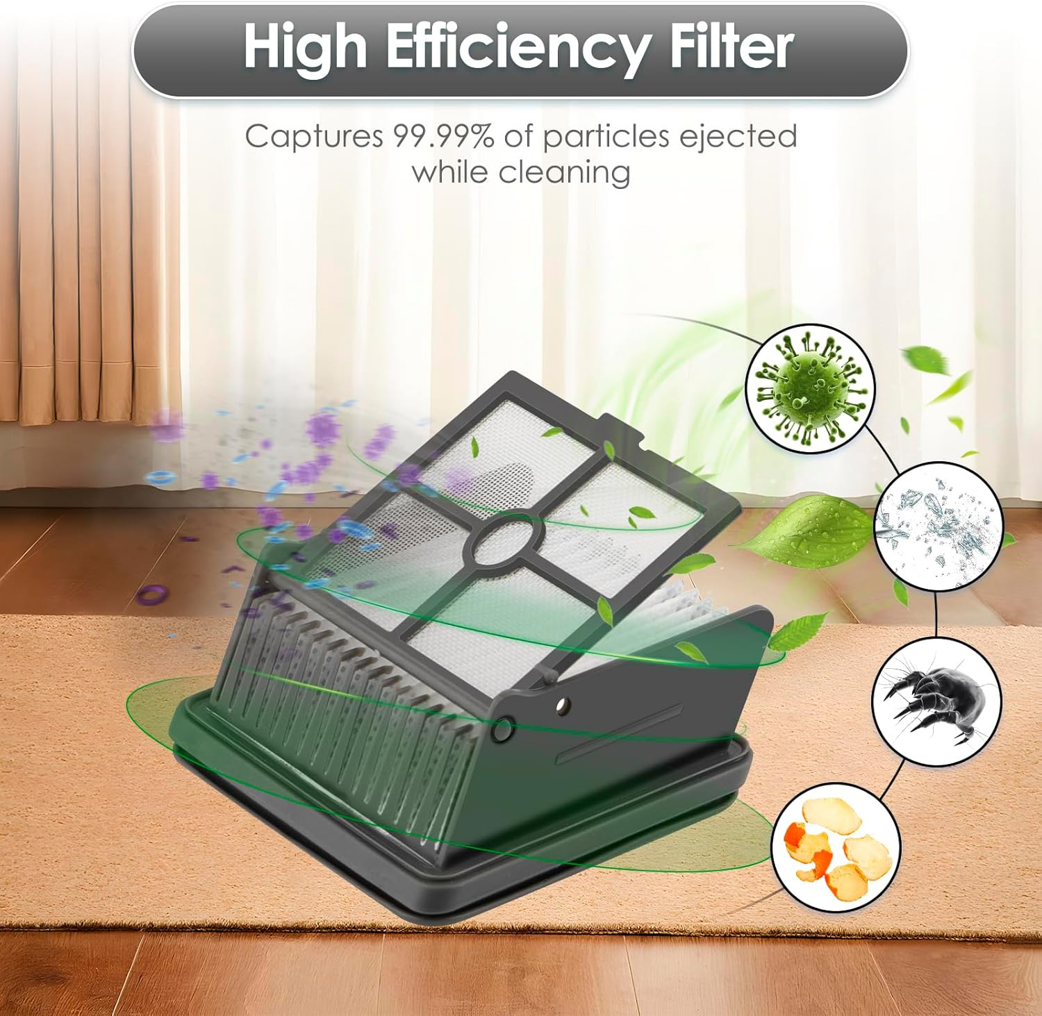 Ein offener Filter mit Staubpartikeln in der Luft. Illustrationen eines Virus, einer Hausstaubmilbe und eines Allergens werden gezeigt.