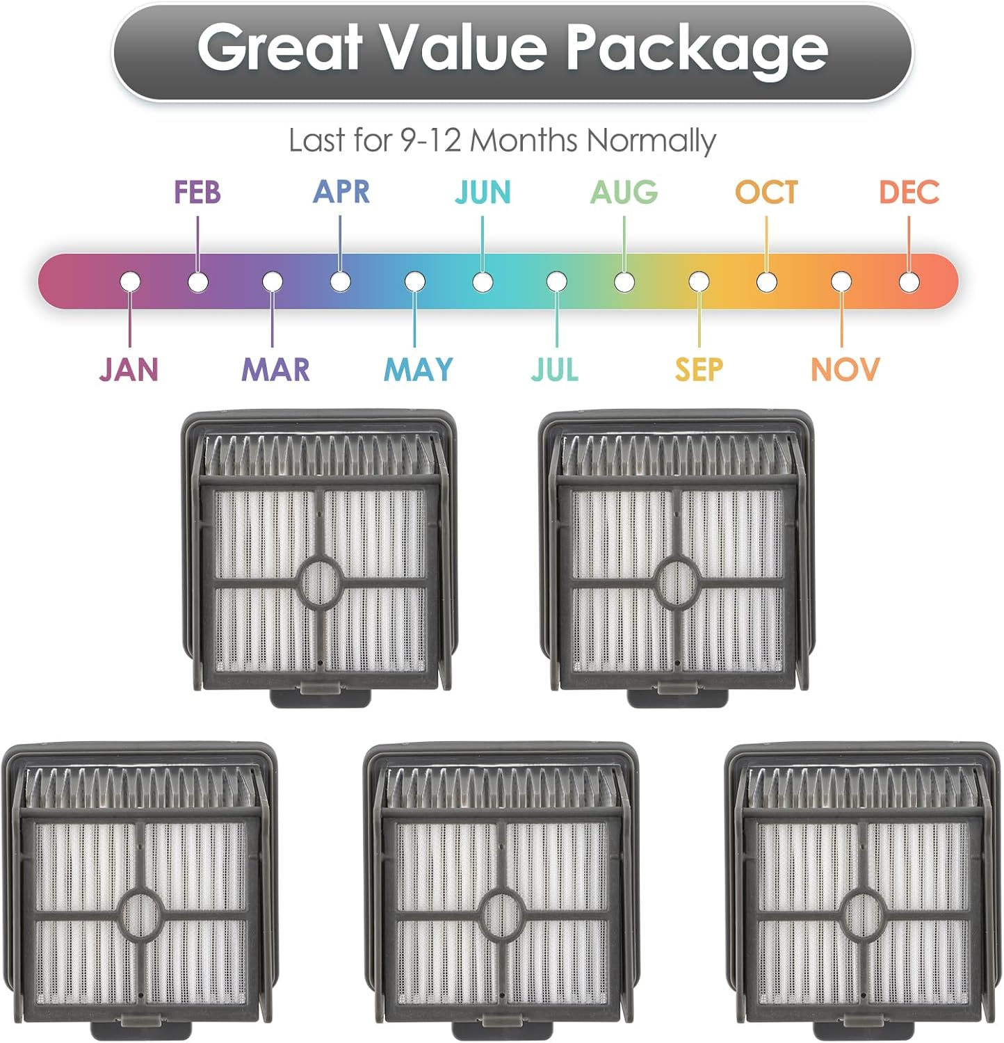 Das Bild zeigt fünf Staubsaugerfilter unter einem Banner mit Monaten und dem Text 'Great Value Package'.