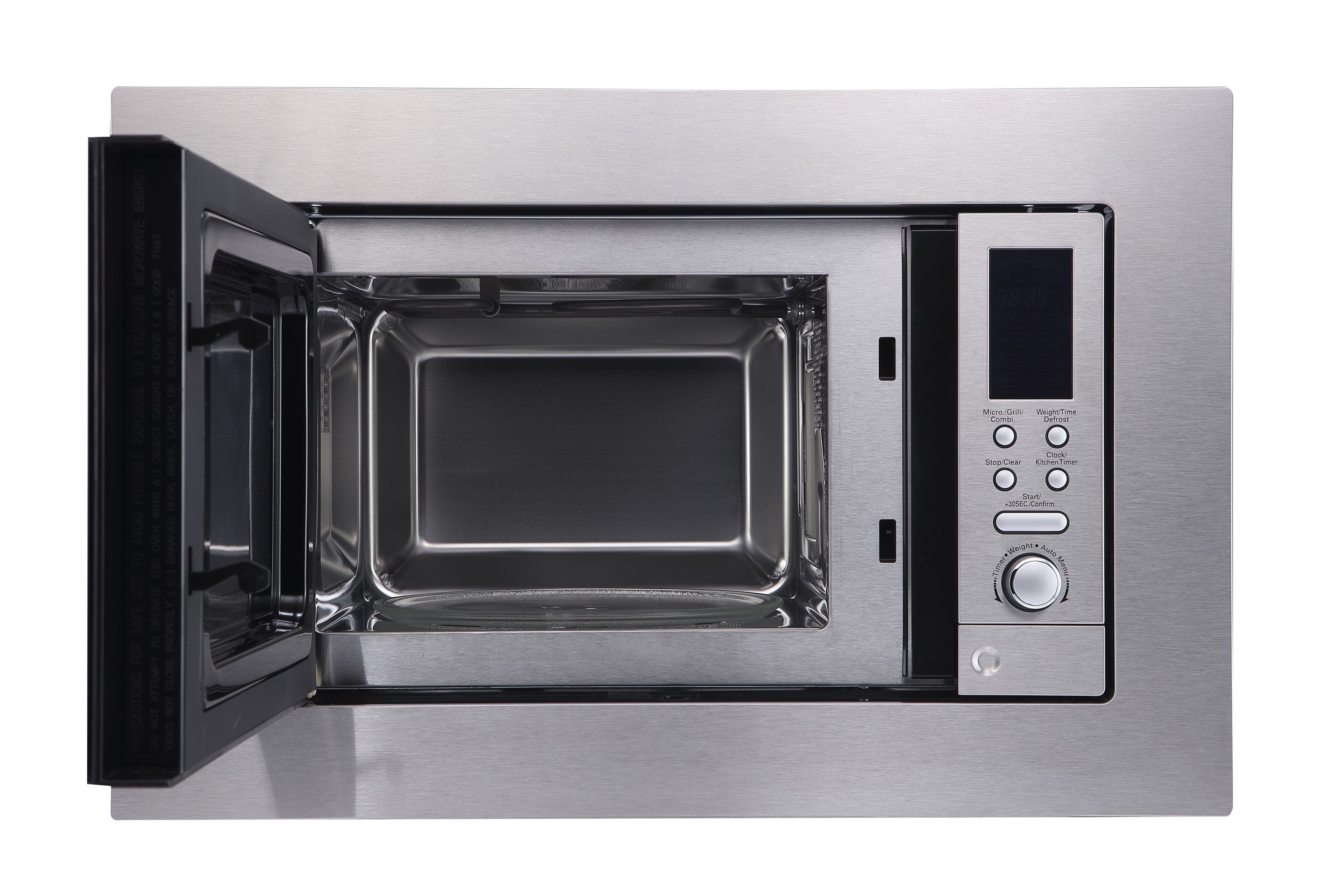 A stainless steel microwave oven with the door open. It has a digital display and control buttons.