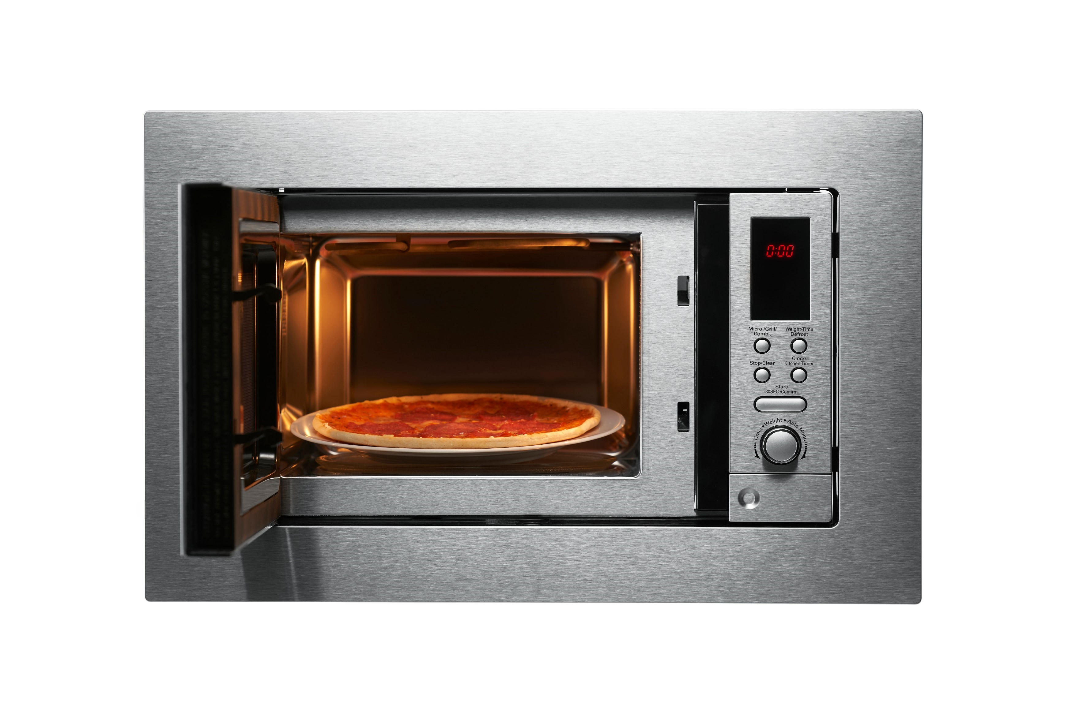 A microwave oven with an open door. Inside, a pizza is on a white plate. The control panel shows 0:00.