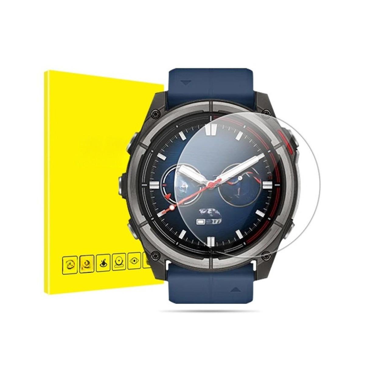 Uno smartwatch con cinturino blu e protezione schermo. Scatola gialla a sinistra. Il quadrante è blu scuro.