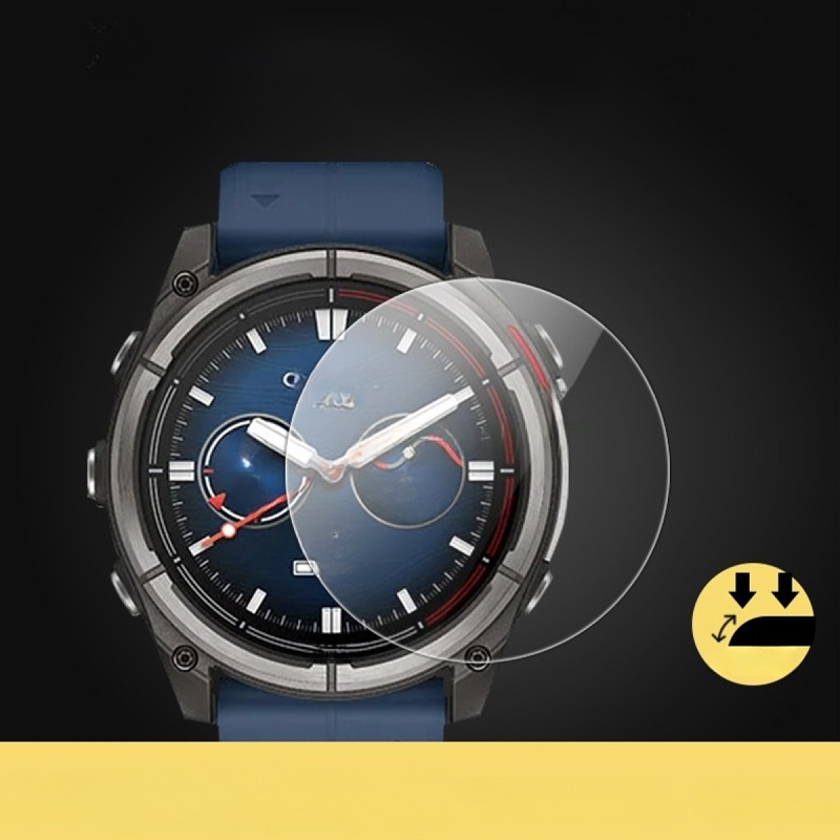 Uno smartwatch con cinturino blu e protezione schermo. Il quadrante è blu scuro con dettagli bianchi e rossi.