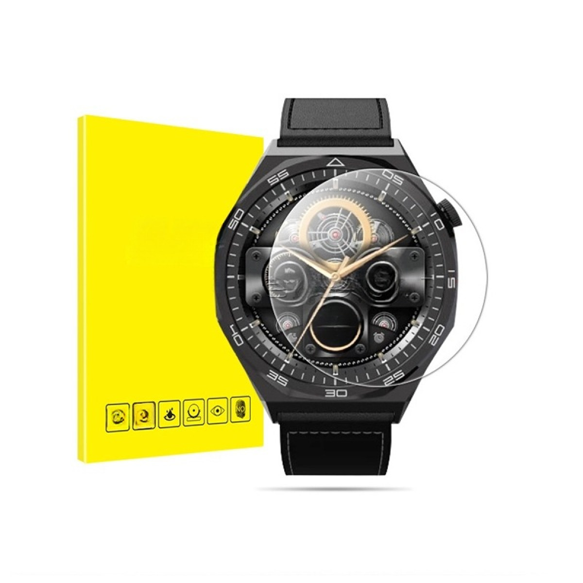Uno smartwatch nero con protezione schermo trasparente. A sinistra c'è una scatola gialla. L'orologio mostra l'ora. Lo sfondo è bianco.