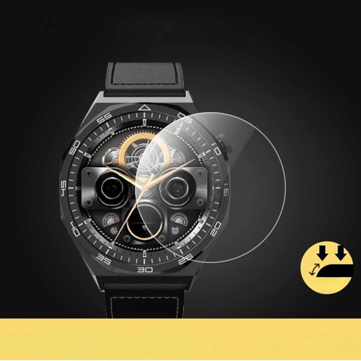 Uno smartwatch nero con protezione schermo trasparente. Il quadrante presenta ingranaggi e numeri. Una barra gialla in basso.