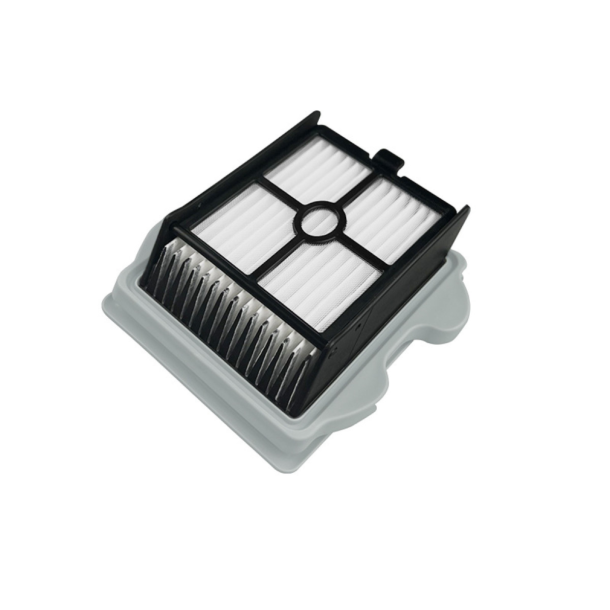 Un filtro dell'aria con elementi filtranti bianchi a pieghe, telaio nero e base grigia. Il filtro è per un aspirapolvere.
