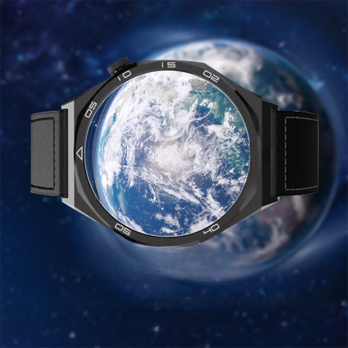 Uno smartwatch nero con la Terra visualizzata sullo schermo. Lo sfondo mostra la Terra e un cielo stellato.