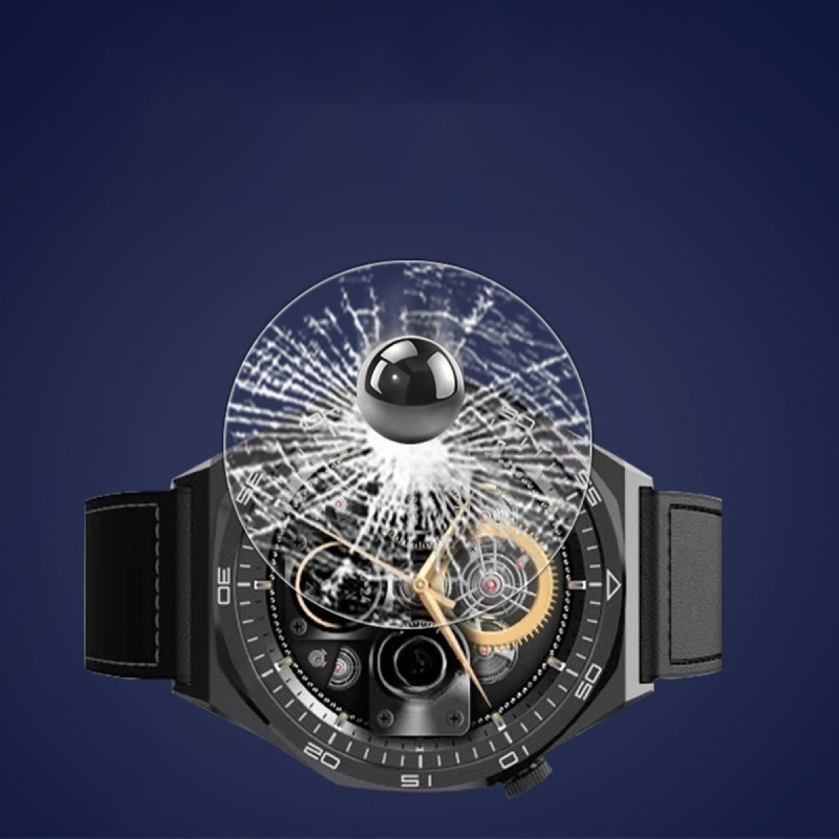 Uno smartwatch nero con una sfera nera sopra. La sfera è sopra un effetto vetro rotto, con dettagli dorati sul quadrante.