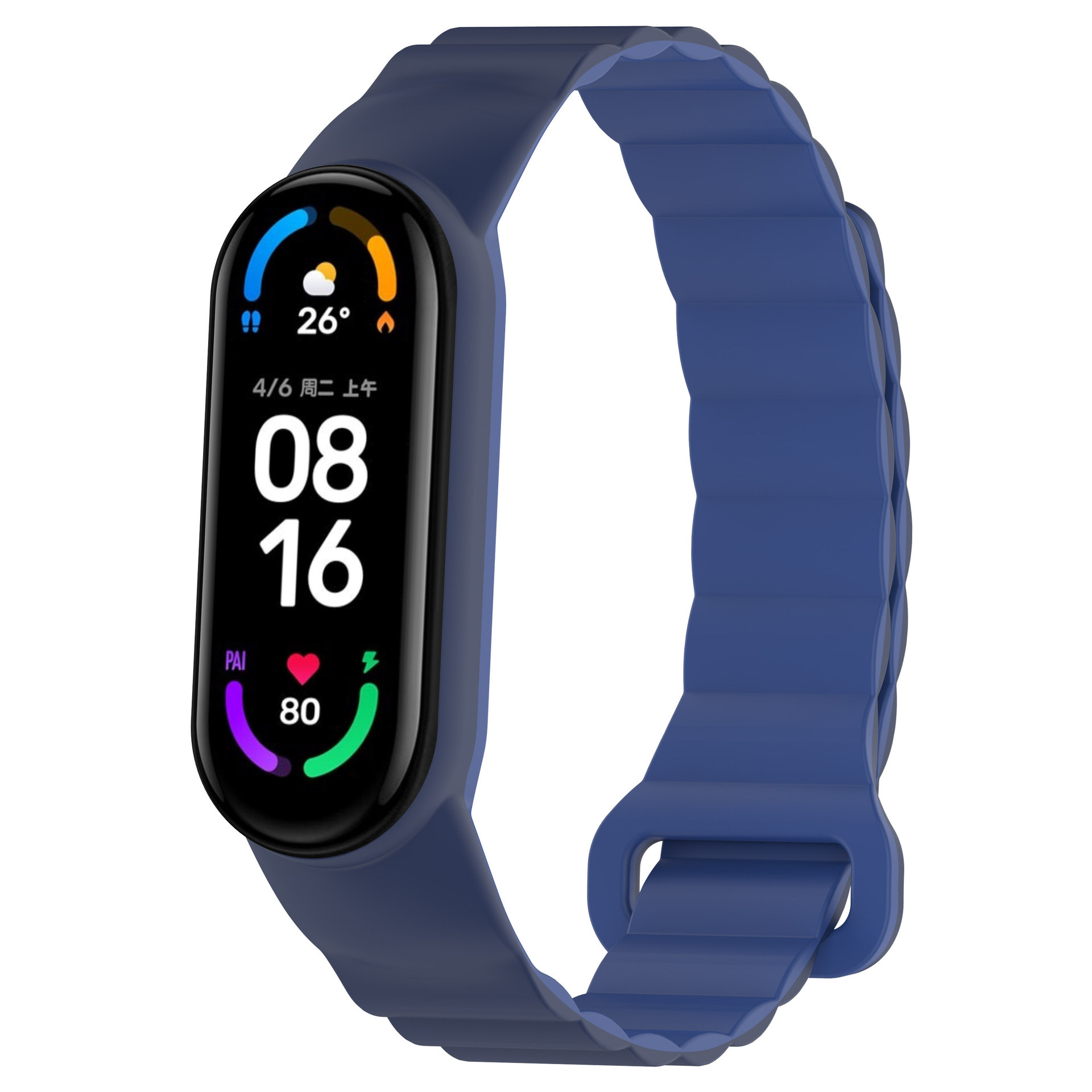 Uno smartwatch blu con display curvo che mostra ora, data e metriche di salute. Anche il cinturino è blu.