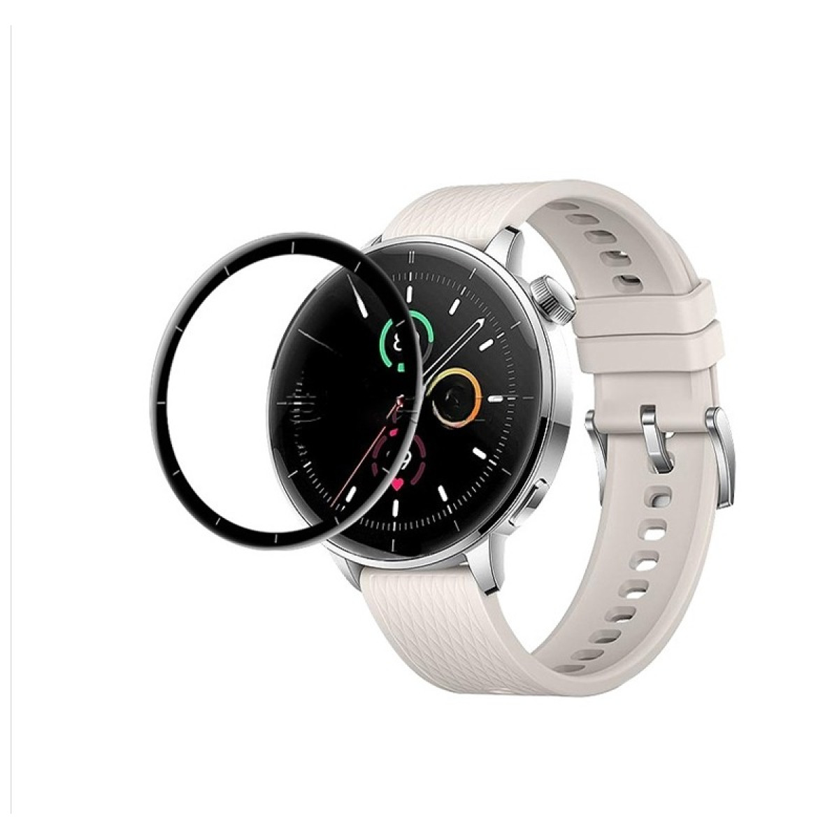 Uno smartwatch argentato con cinturino color crema. Una protezione schermo nera è parzialmente sopra il quadrante. Sfondo bianco.