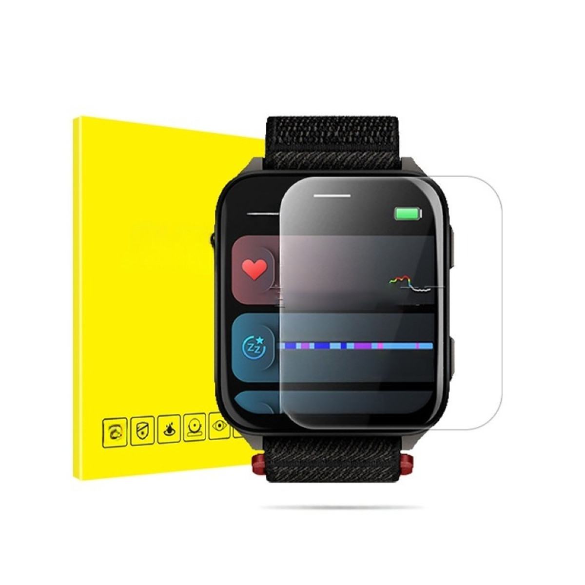 Smartwatch nero con protezione schermo. Scatola gialla a sinistra, con icone. Mostra dati sanitari, tra cui frequenza cardiaca e monitoraggio sonno.