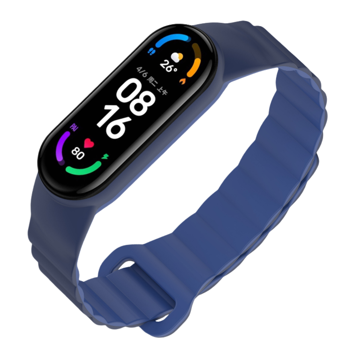 Uno smartwatch blu mostra ora, data, meteo e frequenza cardiaca. È su sfondo bianco.
