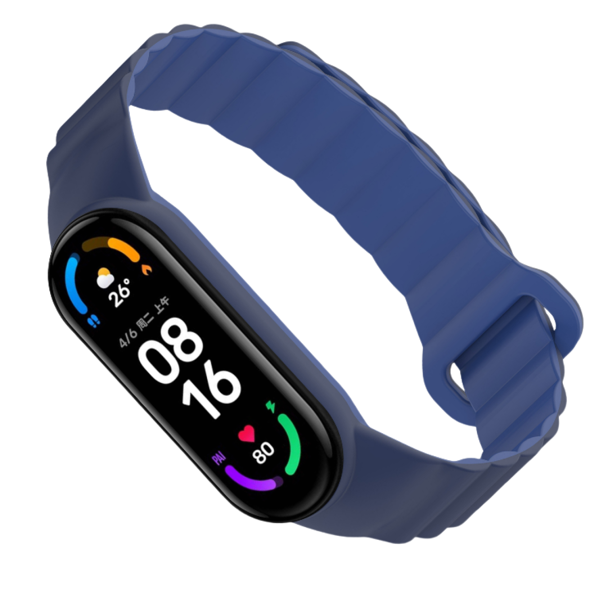 Uno smartwatch blu con schermo nero che mostra ora, temperatura e dati sanitari. Il cinturino è blu e lo sfondo è bianco.