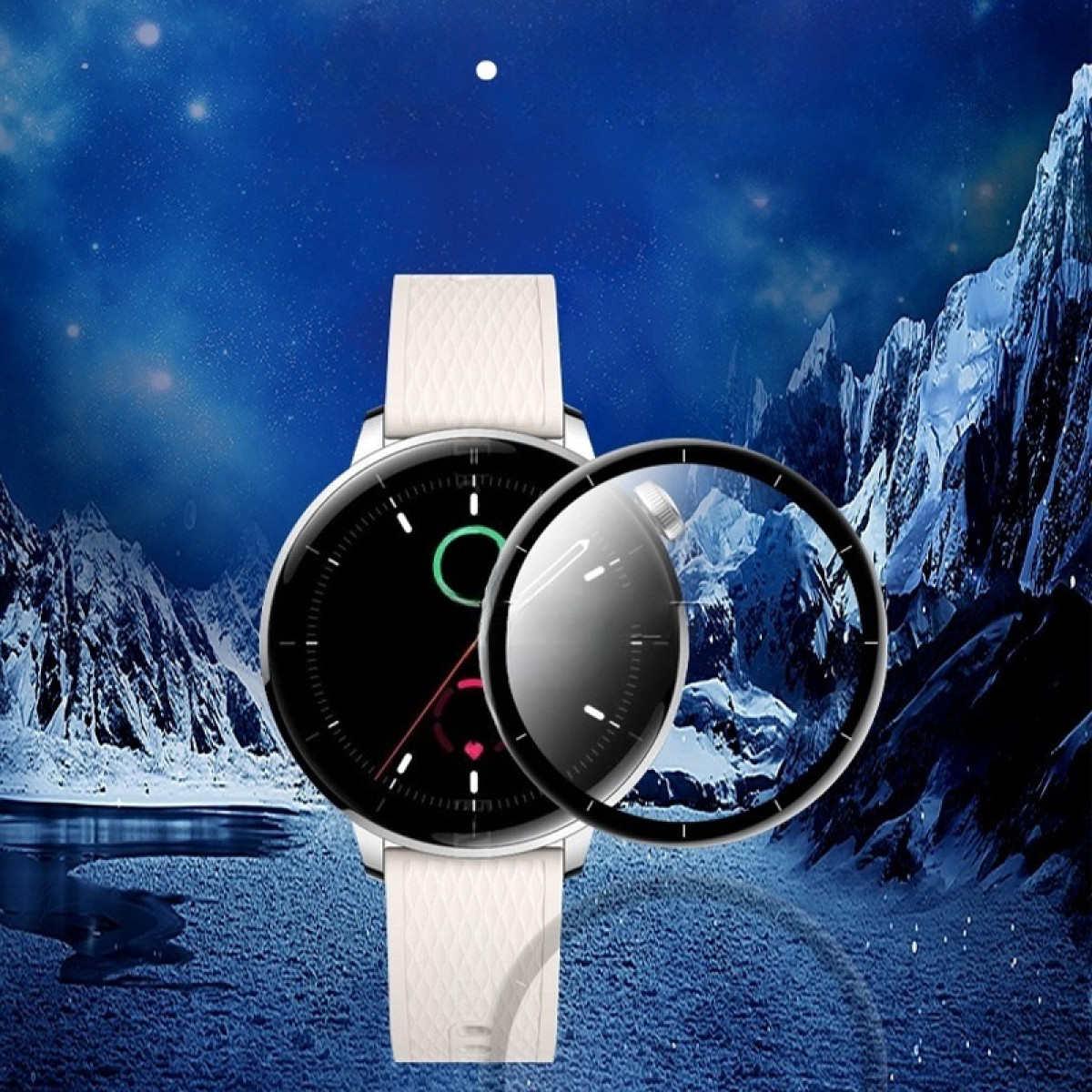 Uno smartwatch bianco con schermo nero è a fuoco. Un cerchio trasparente sovrappone l'orologio. Montagne e cielo stellato sullo sfondo.