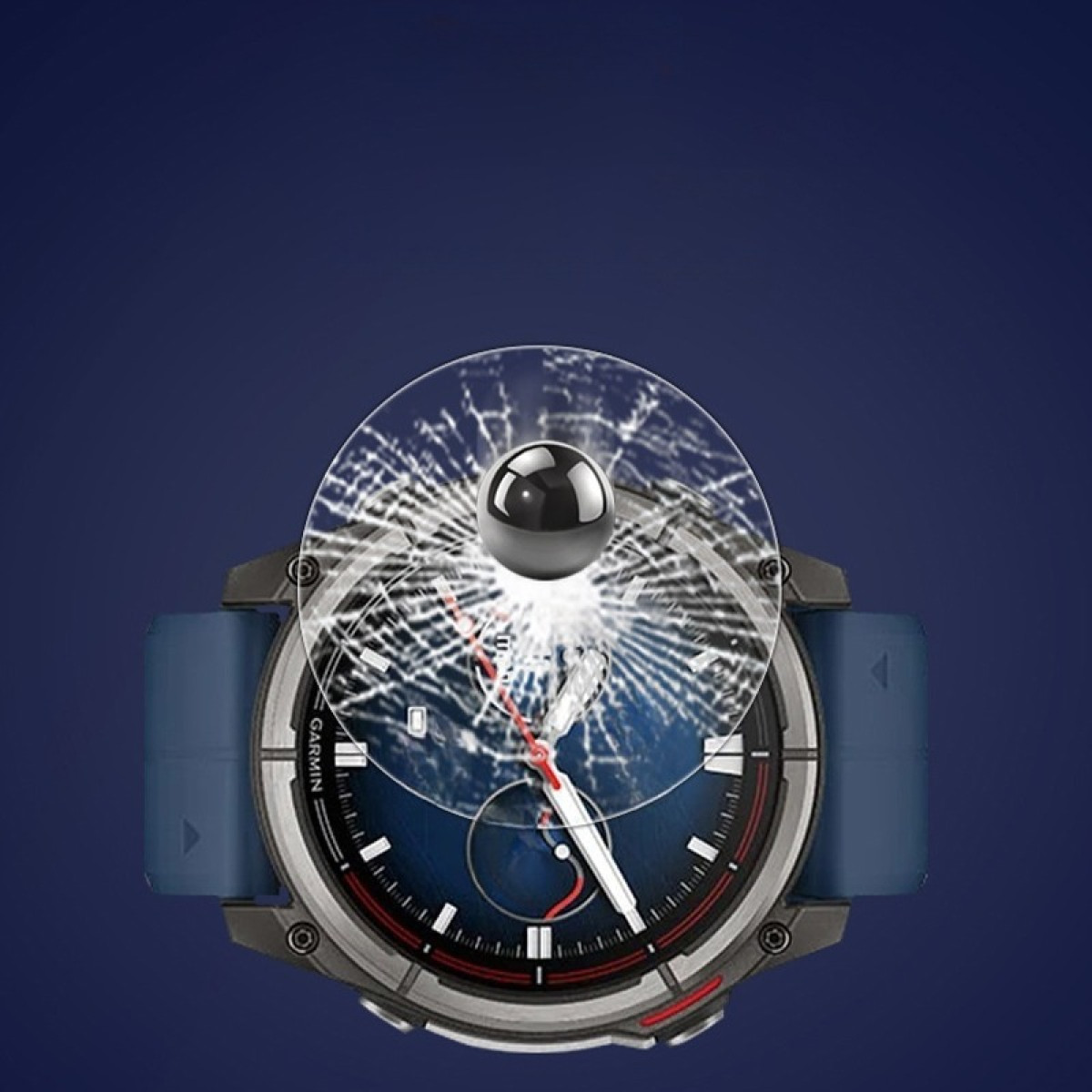 È mostrato uno smartwatch con schermo rotto. Una sfera nera fluttua sopra lo schermo. Lo sfondo è blu scuro.