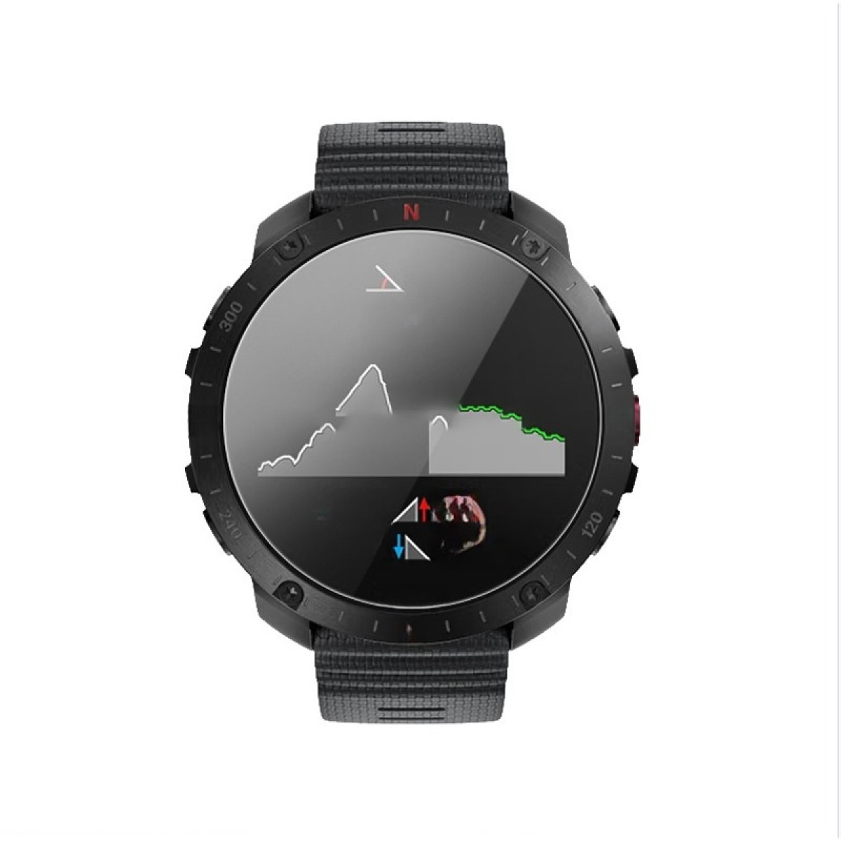 Uno smartwatch nero mostra una mappa con una bussola. Ha un cinturino nero e una lunetta nera con numeri.