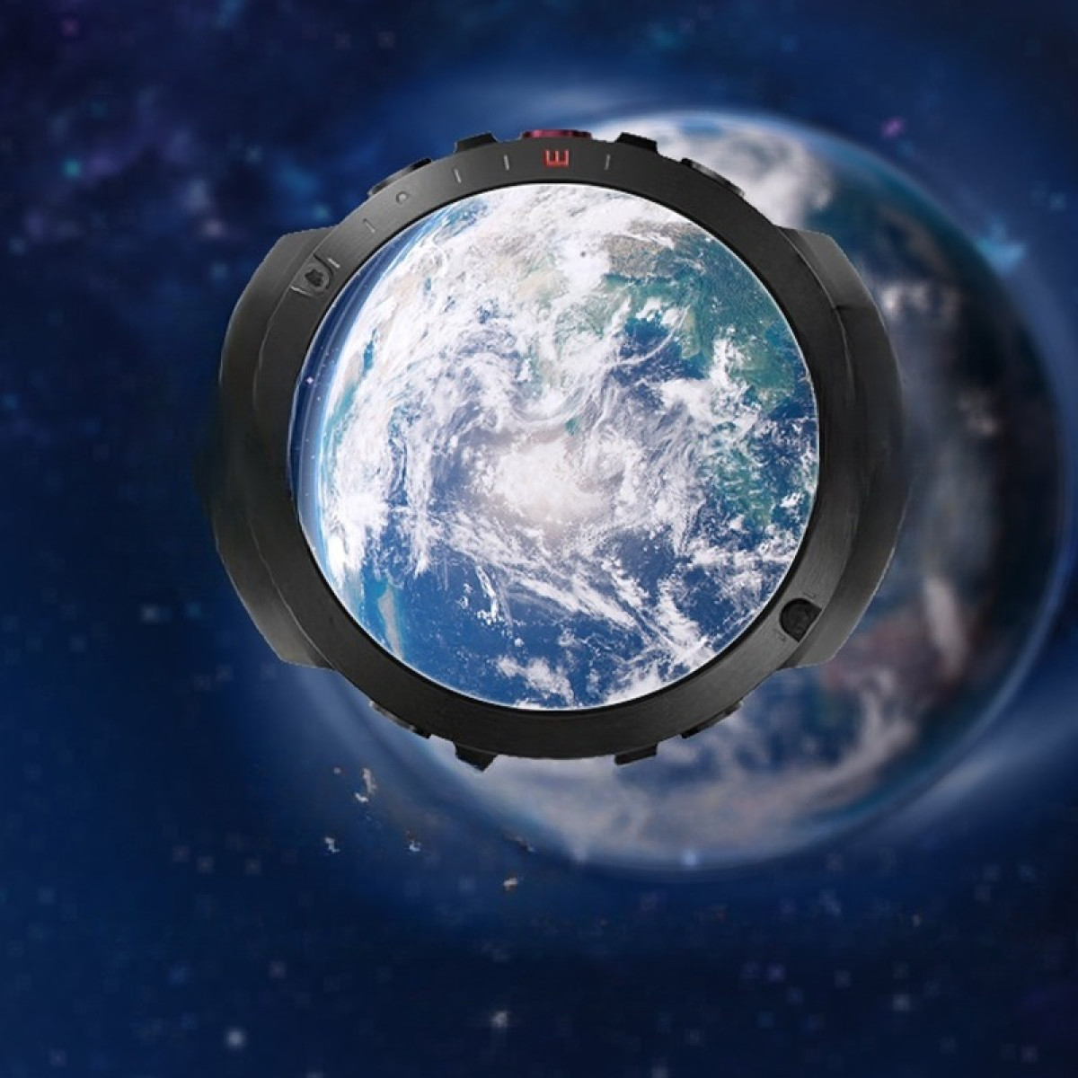 Uno smartwatch nero con la Terra all'interno dello schermo sullo sfondo dello spazio. Un'altra Terra sfocata sullo sfondo.