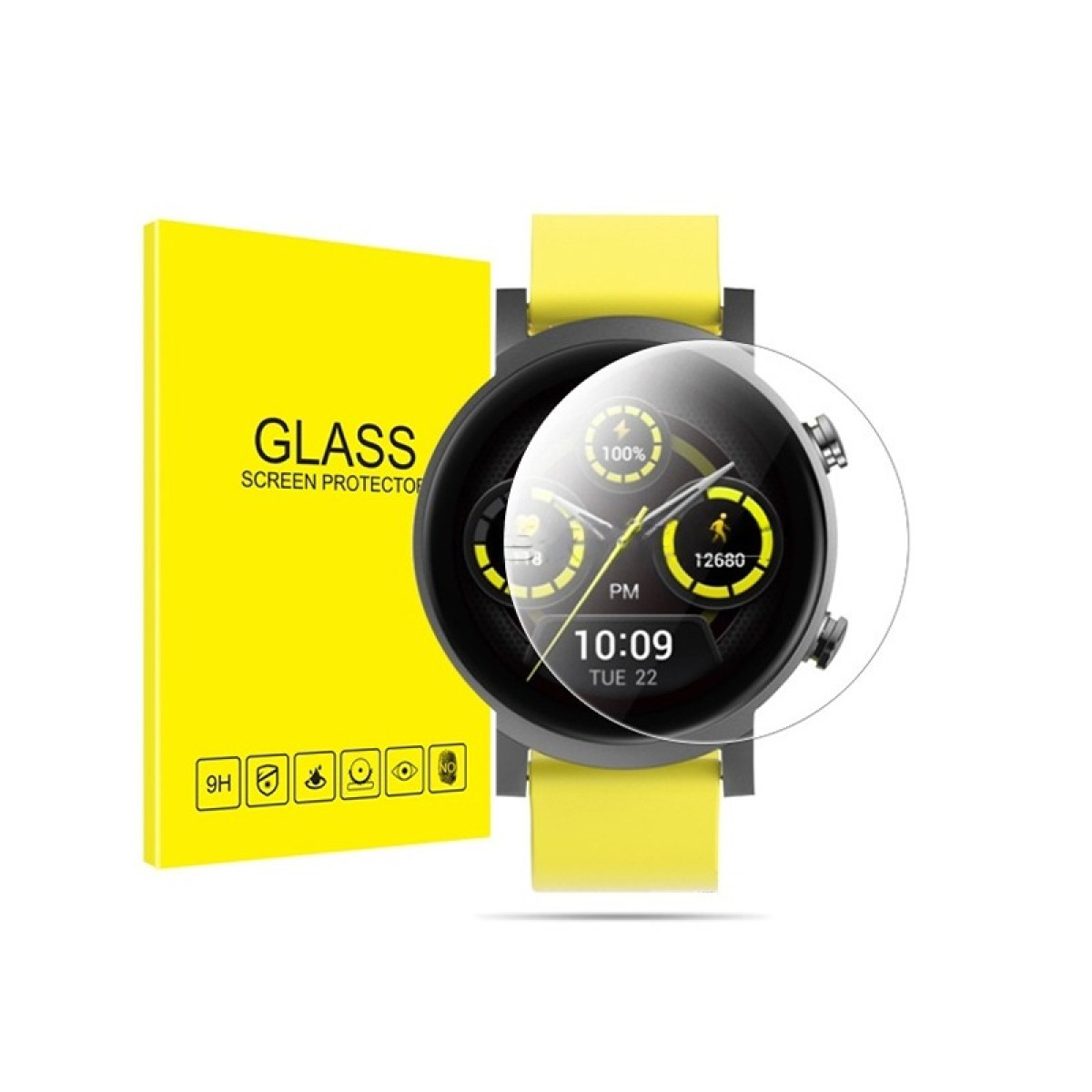 Uno smartwatch con cinturino giallo e protezione schermo. Scatola gialla con "GLASS SCREEN PROTECTOR" vicino all'orologio.
