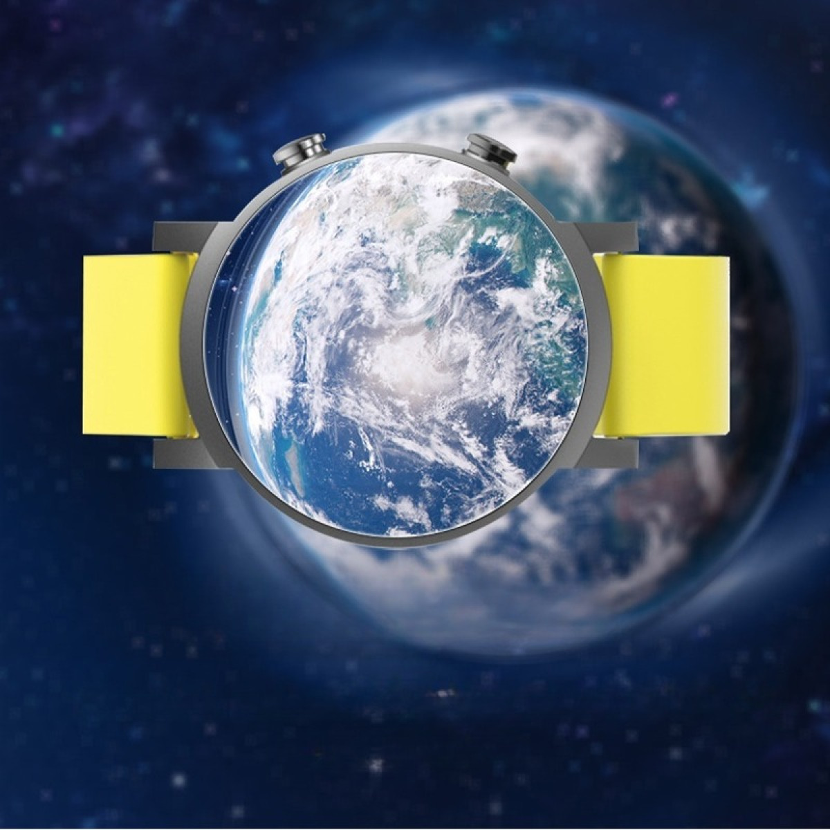 Uno smartwatch che mostra la Terra. Cinturini gialli, corpo dell'orologio grigio. Pianeta Terra al centro. Spazio e stelle sullo sfondo.