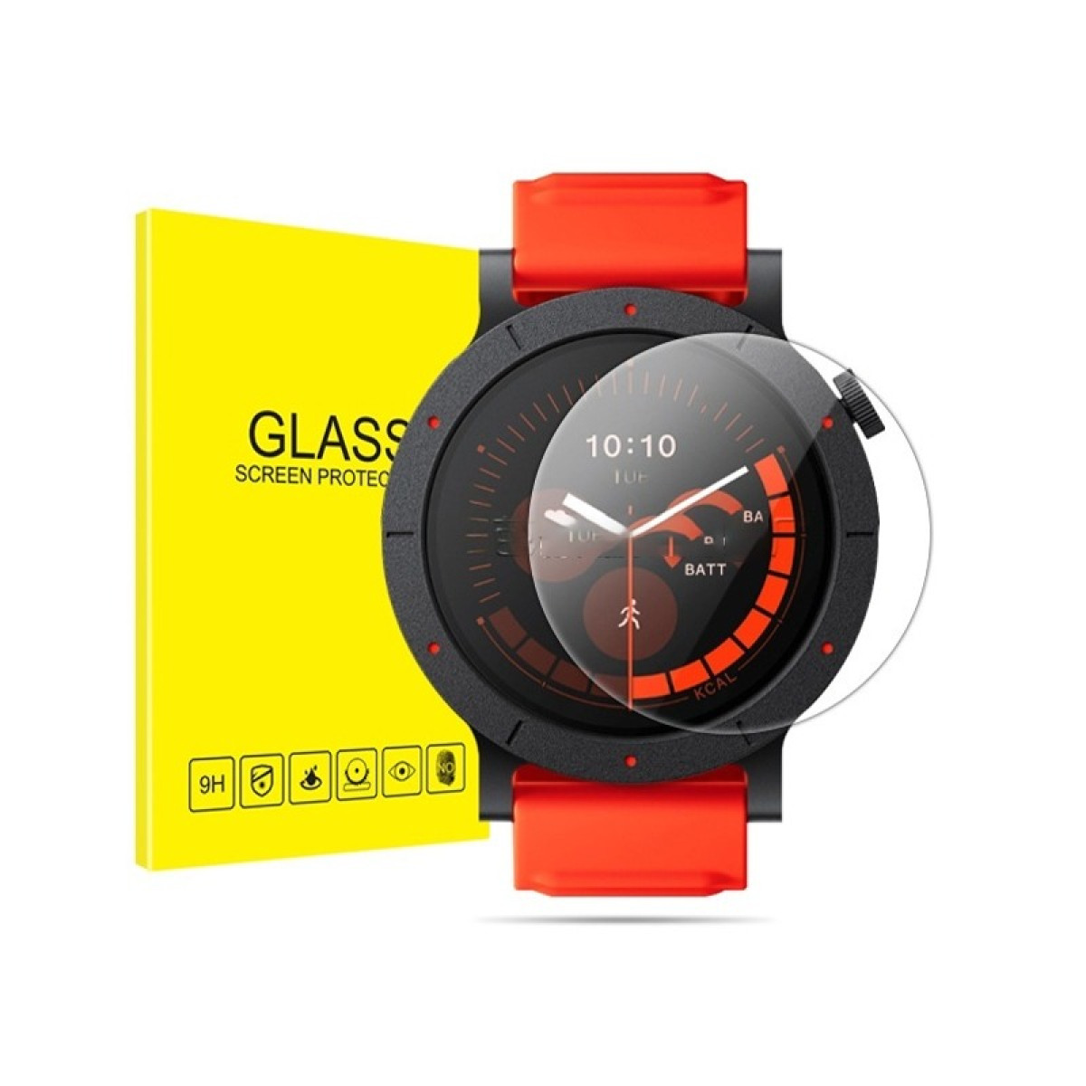 Uno smartwatch con protezione schermo. L'orologio è nero e rosso, mostra l'ora. Una scatola gialla dice 'GLASS SCREEN PROTEC'.