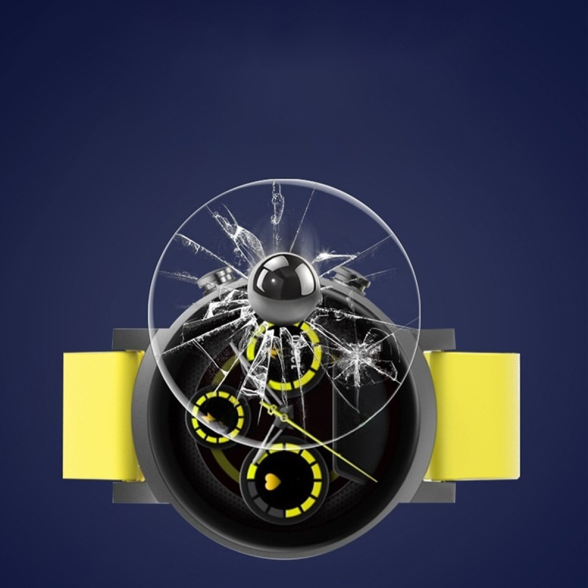 Uno smartwatch rotto con cinturini gialli. Lo schermo è frantumato. Il quadrante mostra dettagli gialli e neri.