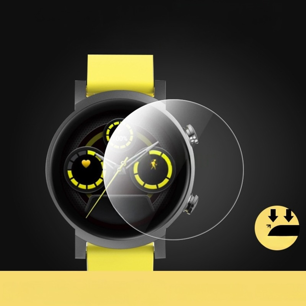 Uno smartwatch nero con cinturino giallo mostra dati sanitari sullo schermo. Uno strato protettivo trasparente è sul quadrante.