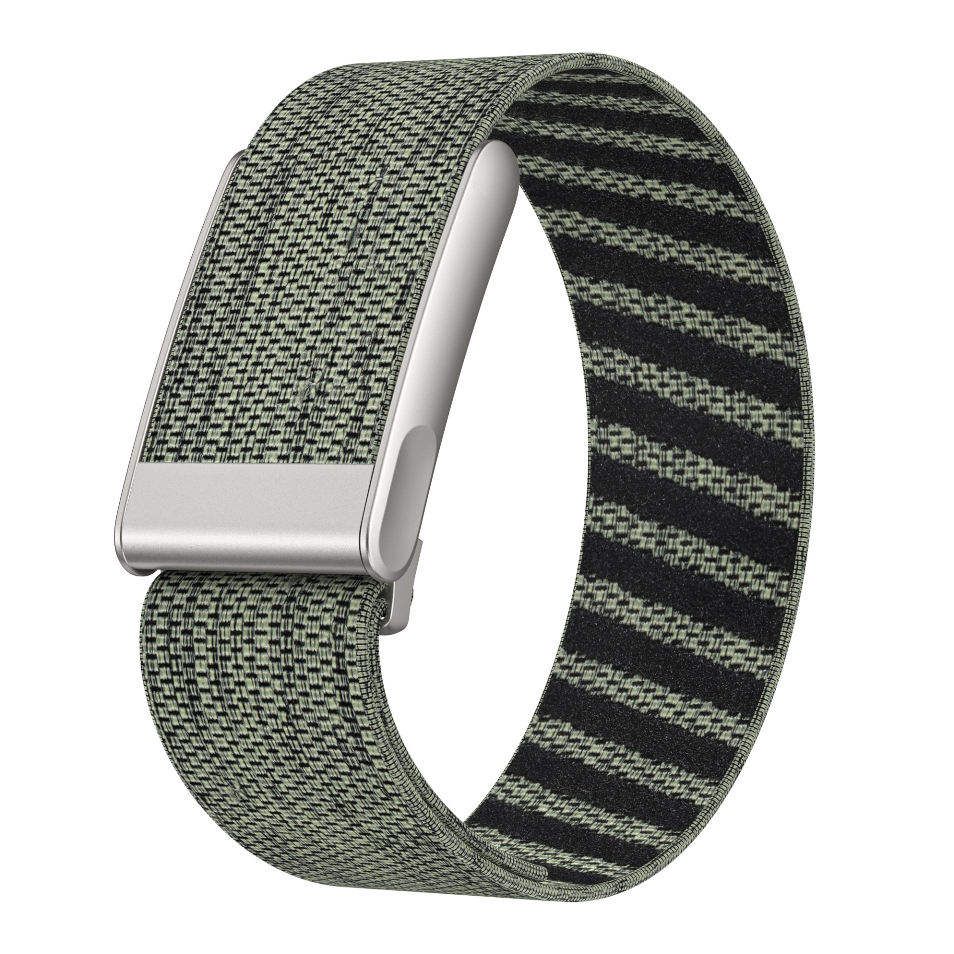 Ein Smartwatch-Armband mit einem gewebten olivgrünen und schwarzen Muster. Das Band hat eine silberne Schnalle und einen gestreiften Bereich.
