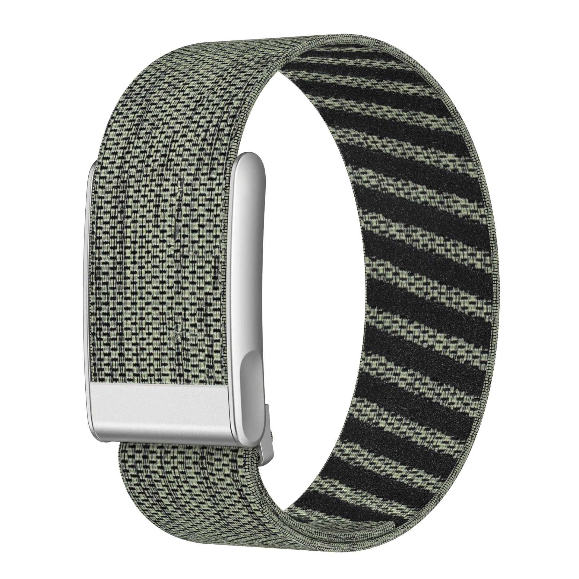Ein grün-schwarz gestreiftes Uhrenarmband. Das Band ist mit einem silbernen Verschluss versehen. Weißer Hintergrund.